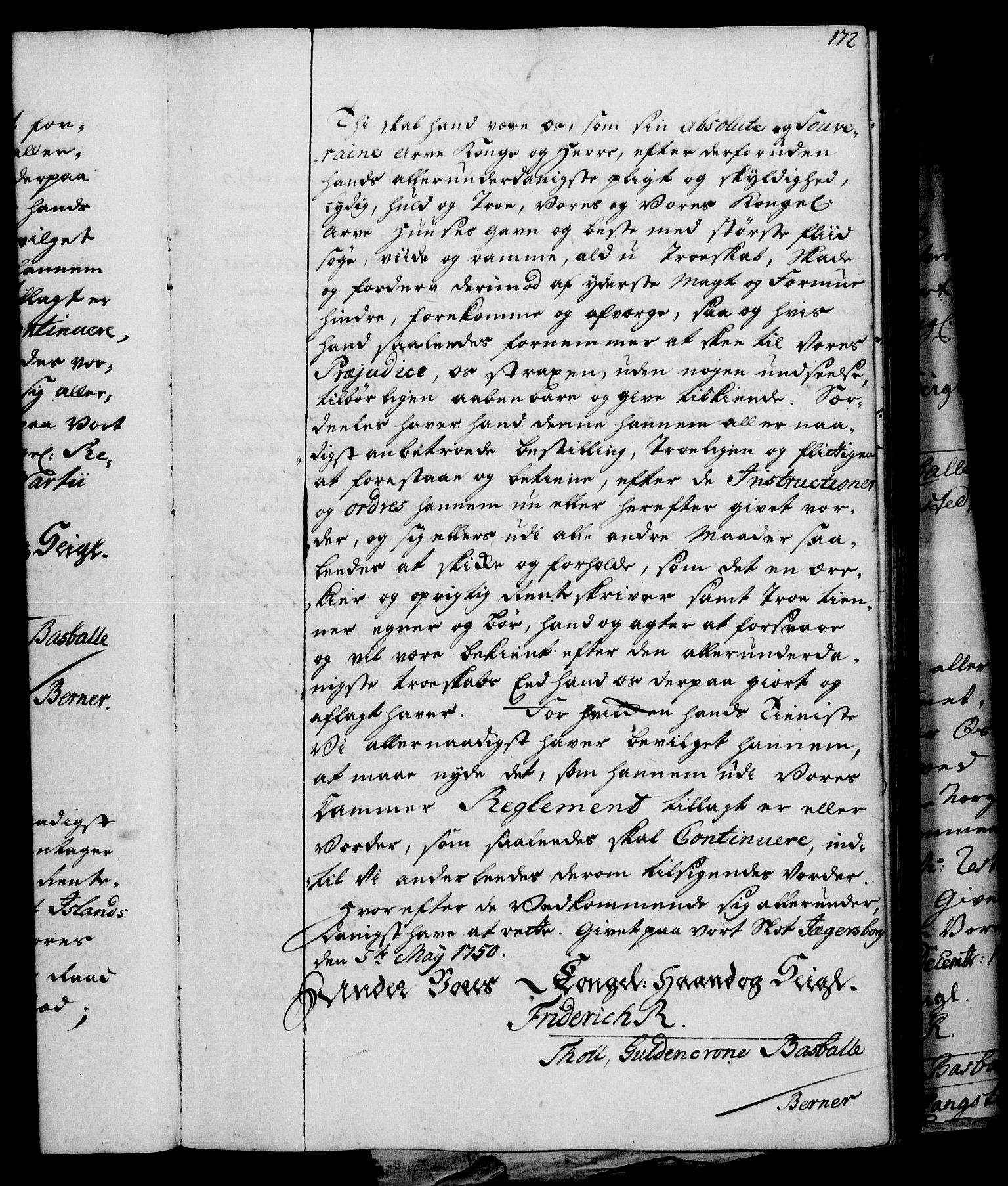 Rentekammeret, Kammerkanselliet, RA/EA-3111/G/Gg/Gge/L0003: Norsk bestallingsprotokoll med register (merket RK 53.27), 1745-1761, p. 172