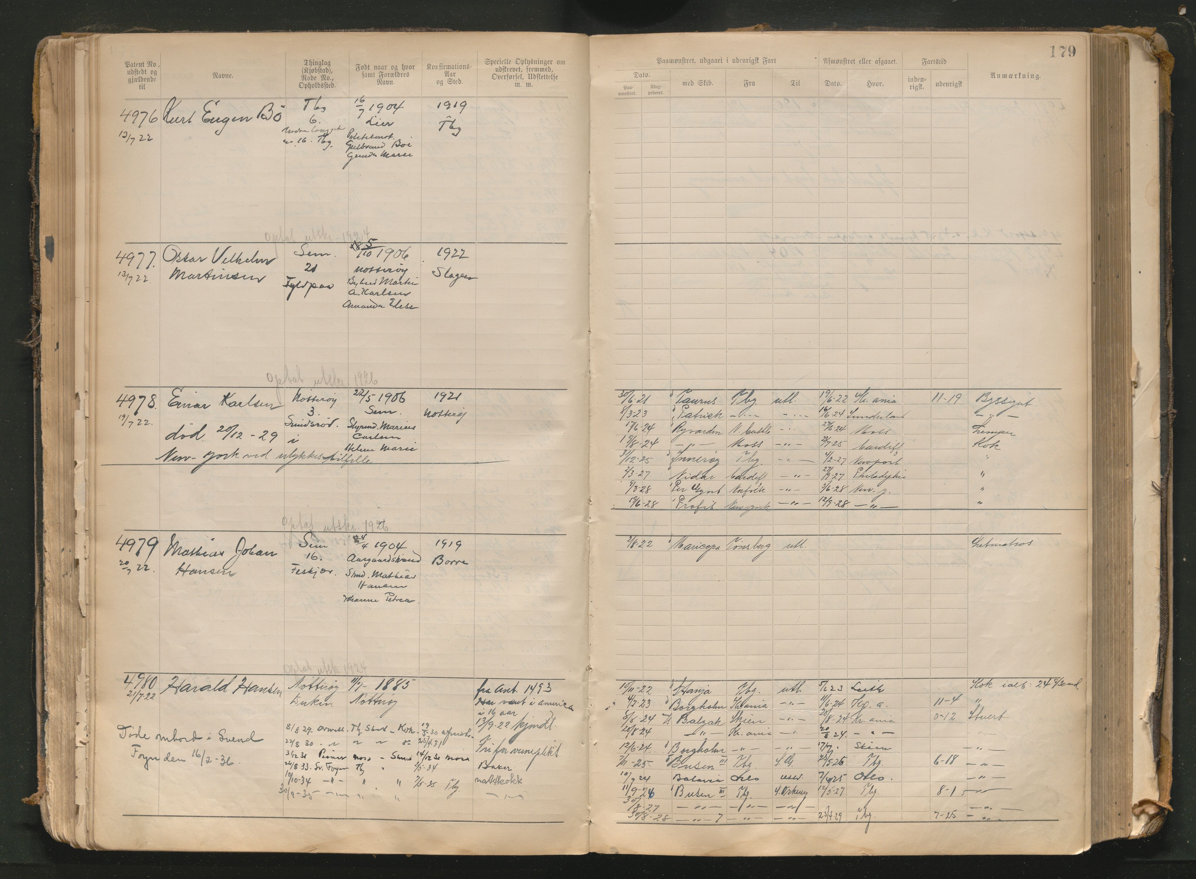 Tønsberg innrulleringskontor, AV/SAKO-A-786/F/Fb/L0010: Annotasjonsrulle Patent nr. 4081-4988, 1911-1948, p. 179