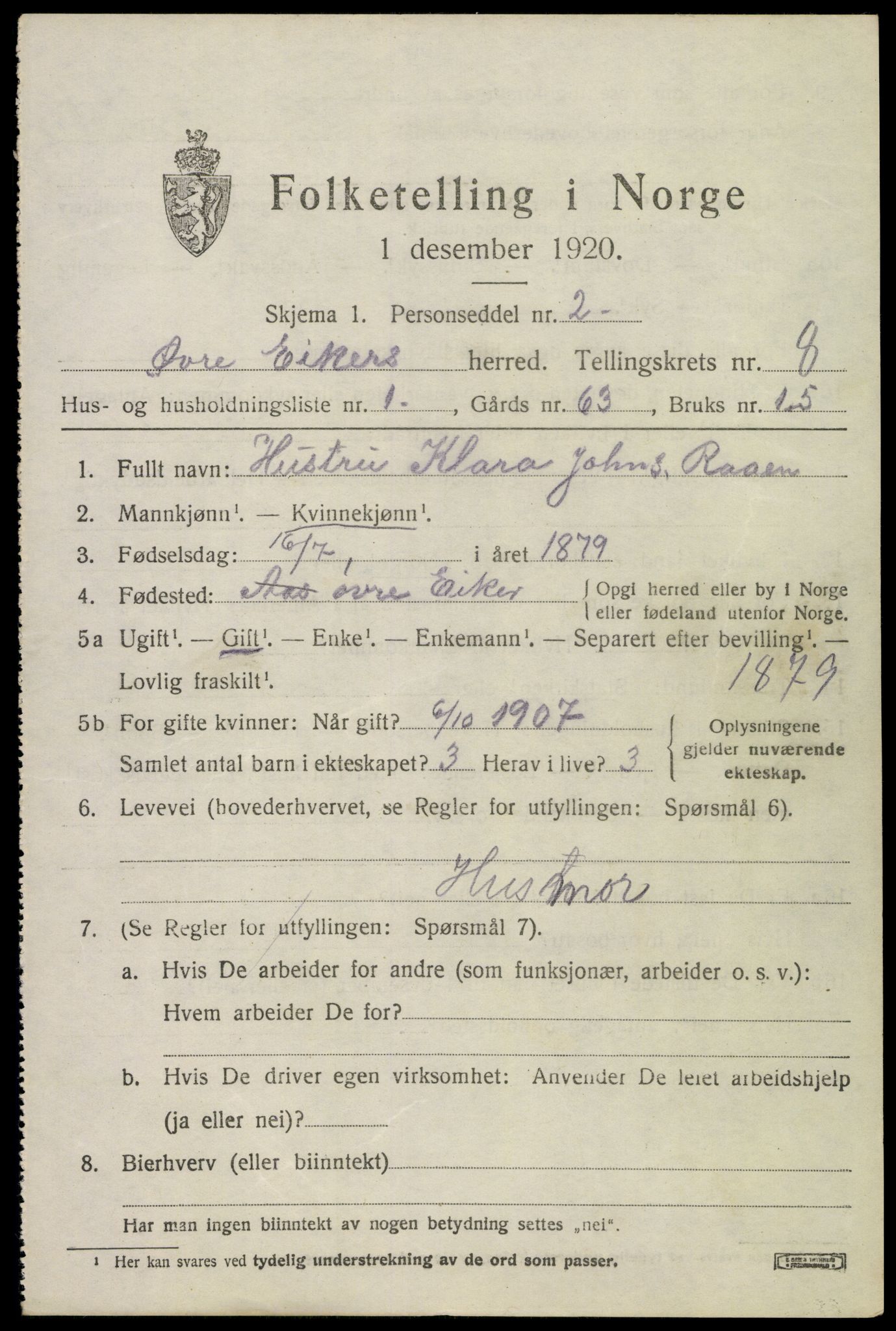 SAKO, 1920 census for Øvre Eiker, 1920, p. 14096