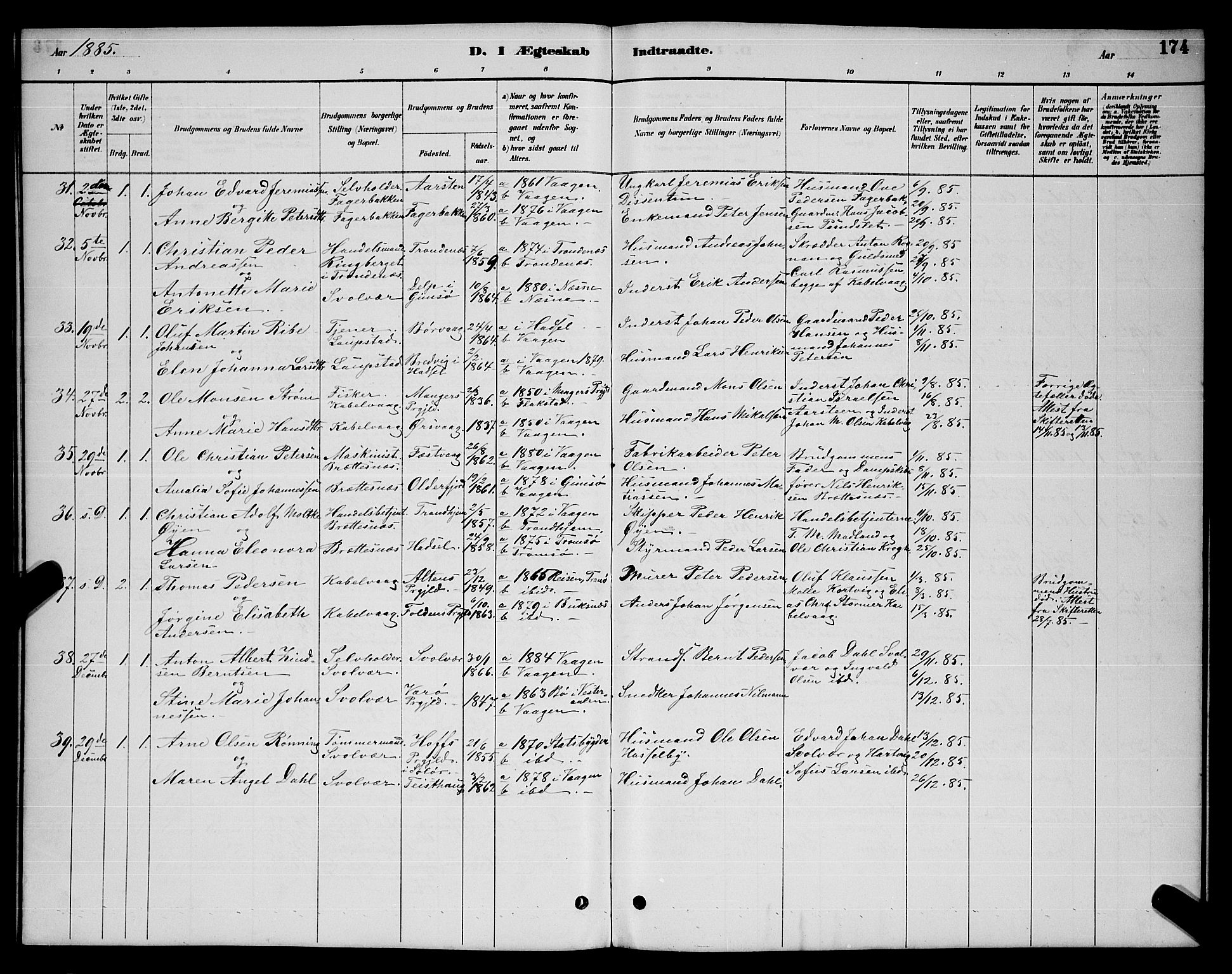 Ministerialprotokoller, klokkerbøker og fødselsregistre - Nordland, AV/SAT-A-1459/874/L1076: Parish register (copy) no. 874C05, 1884-1890, p. 174