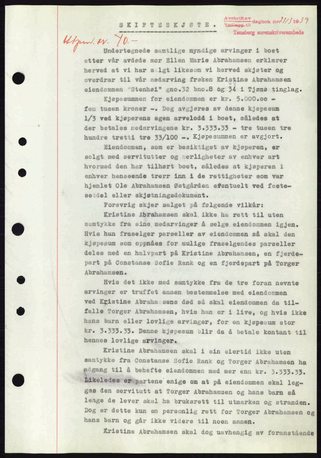 Tønsberg sorenskriveri, AV/SAKO-A-130/G/Ga/Gaa/L0007: Mortgage book no. A7, 1939-1939, Diary no: : 2313/1939