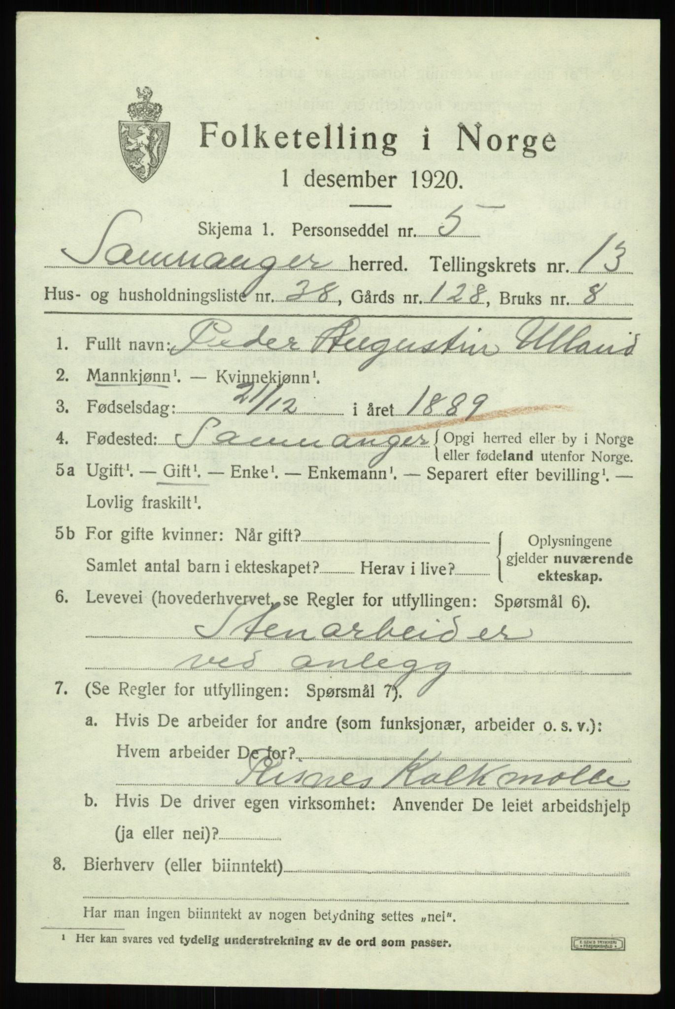 SAB, 1920 census for Samnanger, 1920, p. 5615