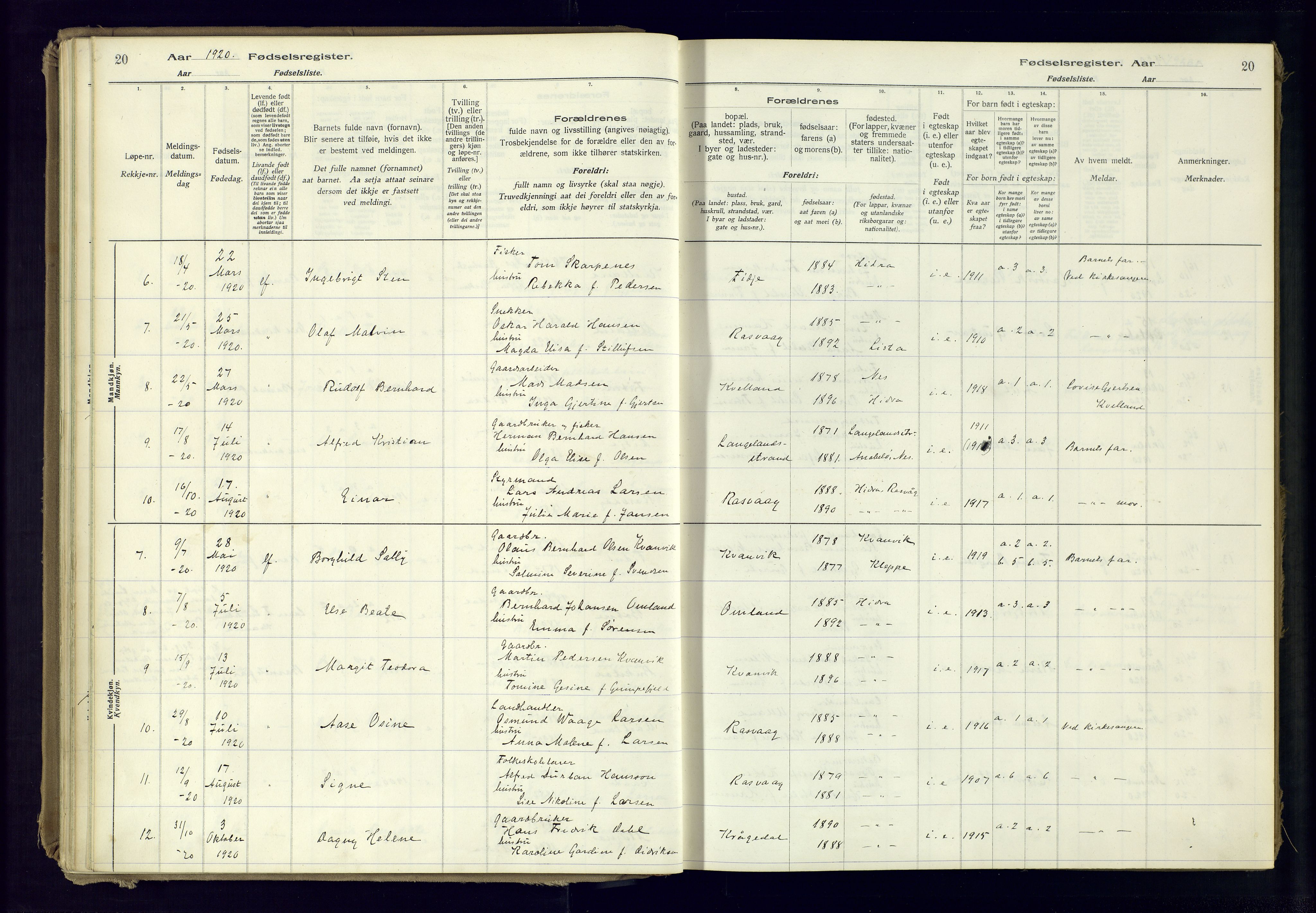 Flekkefjord sokneprestkontor, AV/SAK-1111-0012/J/Ja/L0007: Birth register no. 7, 1916-1982, p. 20