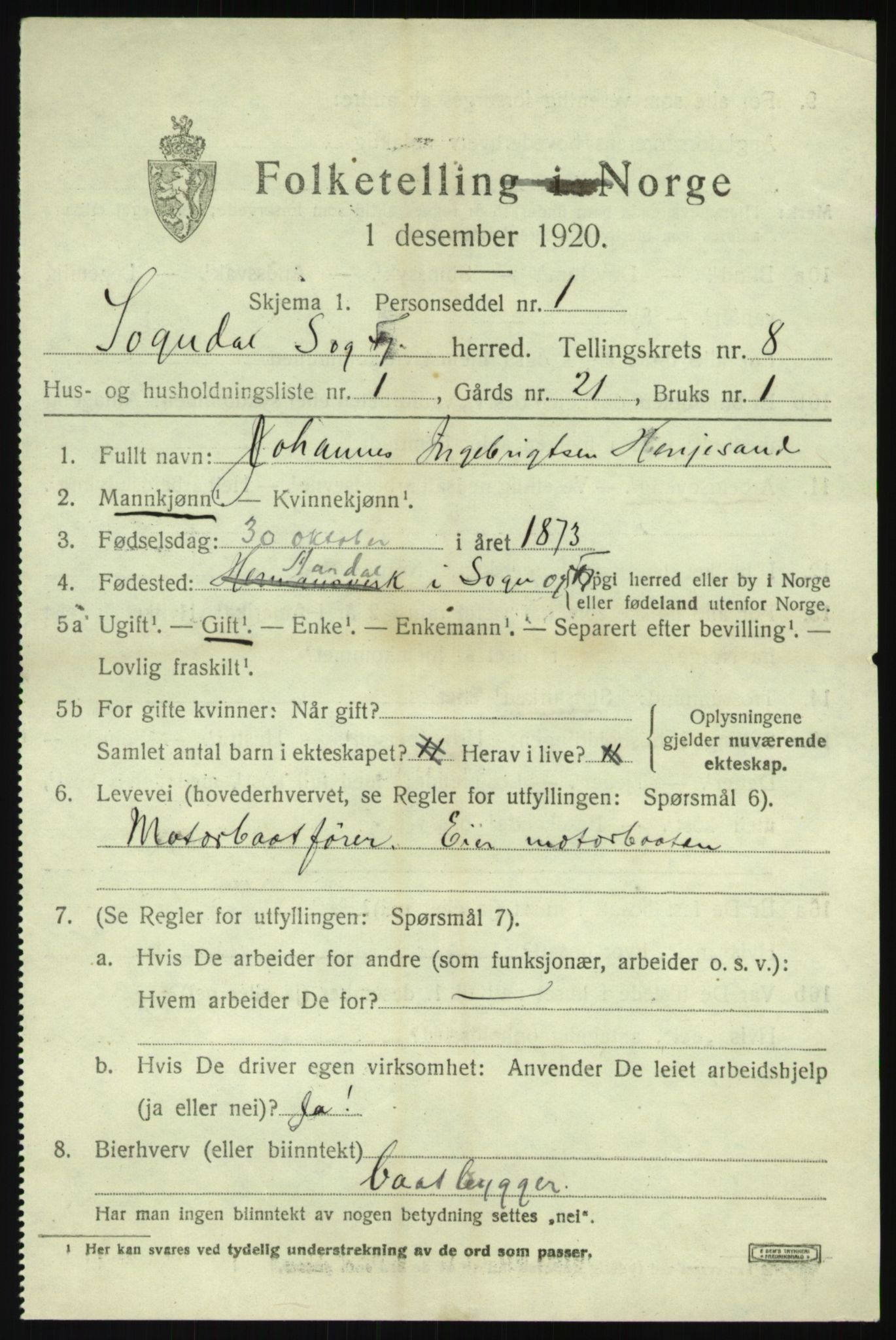SAB, 1920 census for Sogndal, 1920, p. 3713