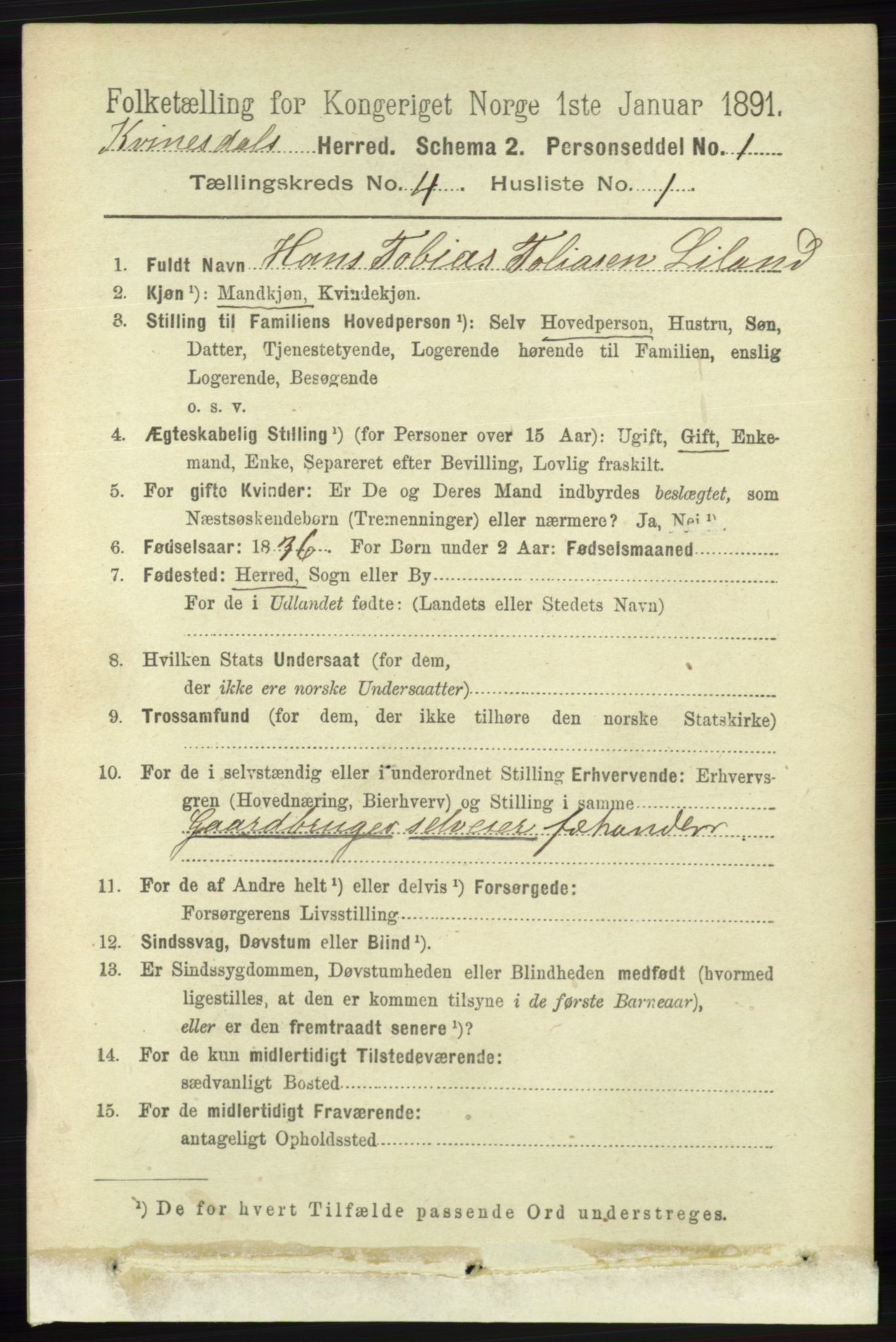 RA, 1891 census for 1037 Kvinesdal, 1891, p. 1432