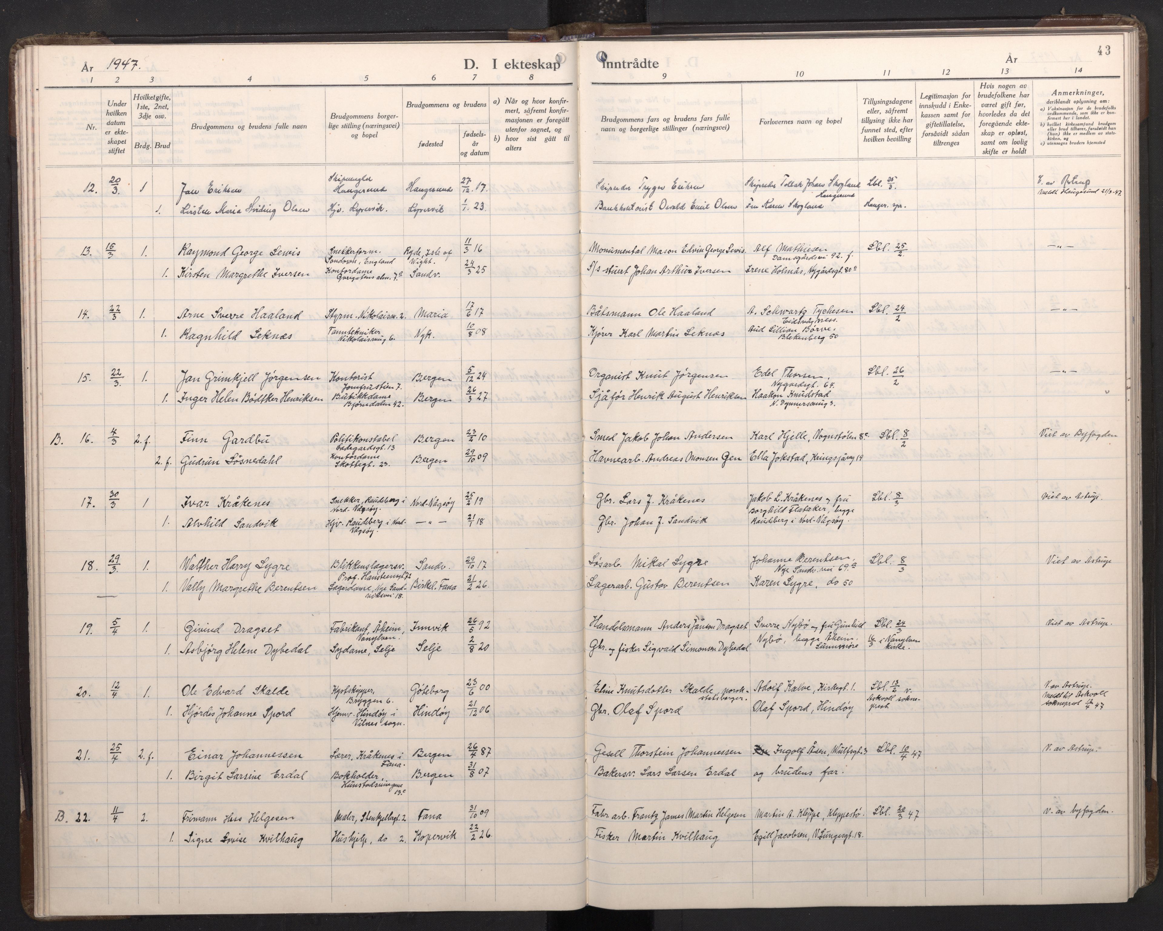 Mariakirken Sokneprestembete, AV/SAB-A-76901/H/Haa/L0019: Parish register (official) no. D 1, 1939-1963, p. 42b-43a