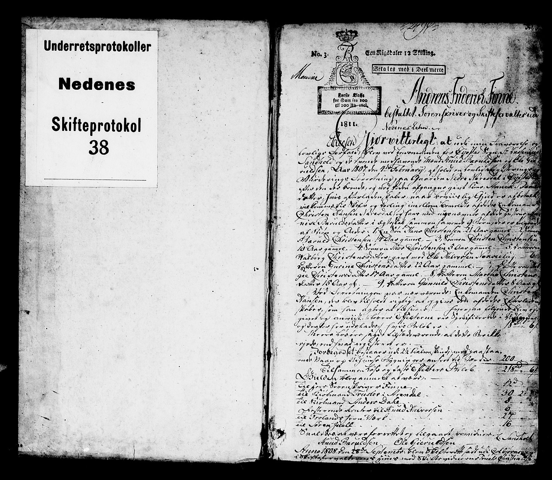 Nedenes sorenskriveri før 1824, AV/SAK-1221-0007/H/Hc/L0053: Skifteprotokoll med register nr 38, 1807-1812, p. 0b-1a