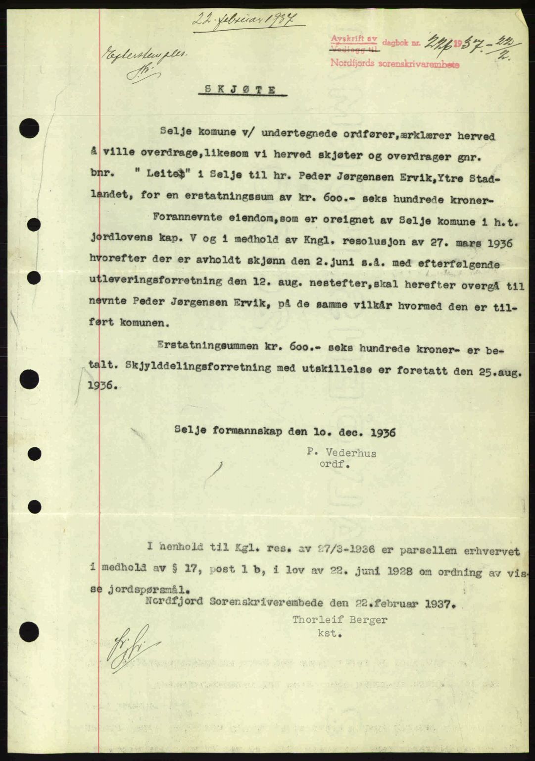 Nordfjord sorenskriveri, AV/SAB-A-2801/02/02b/02bj/L0001: Mortgage book no. A1, 1936-1937, Diary no: : 226/1937