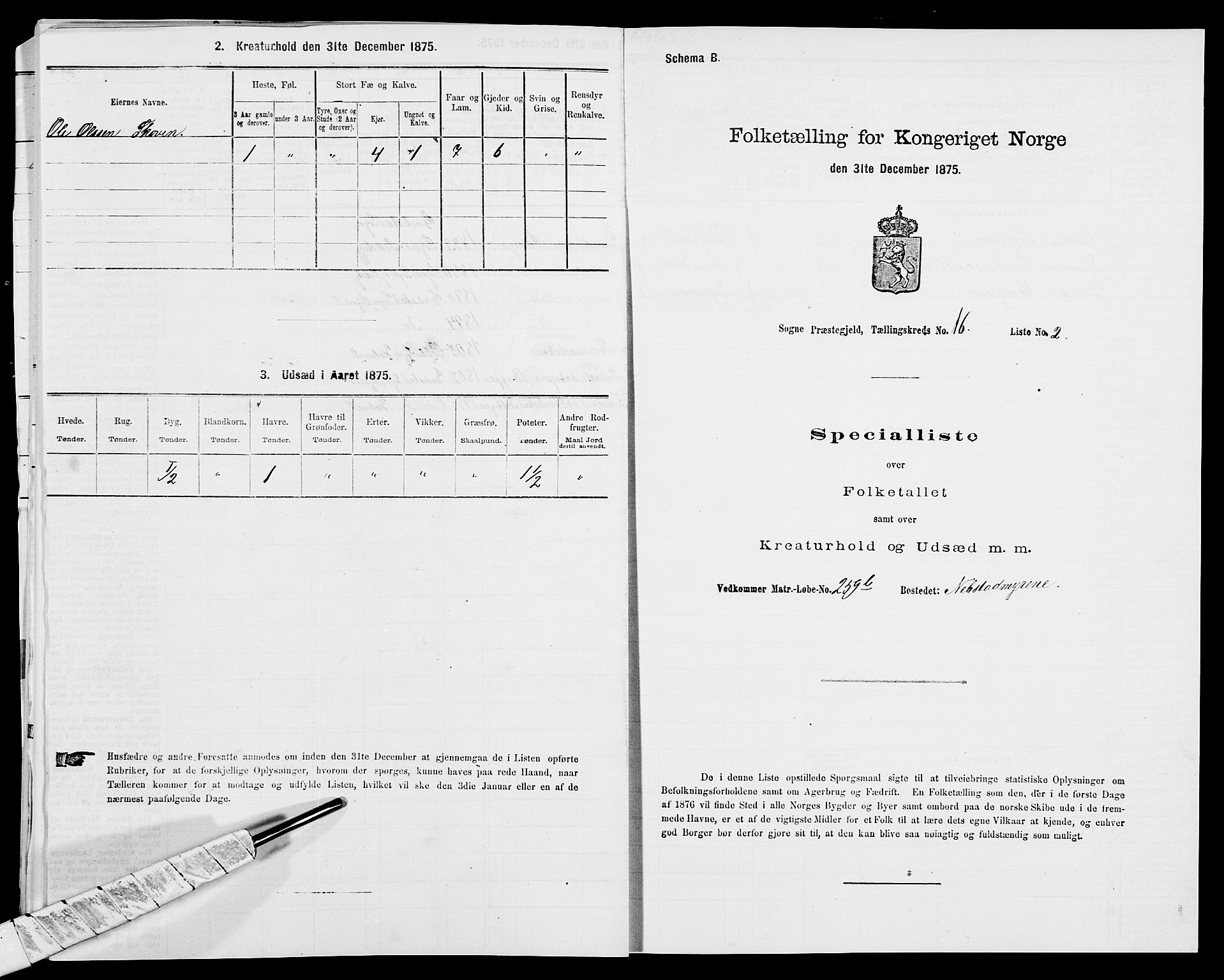 SAK, 1875 census for 1018P Søgne, 1875, p. 1310