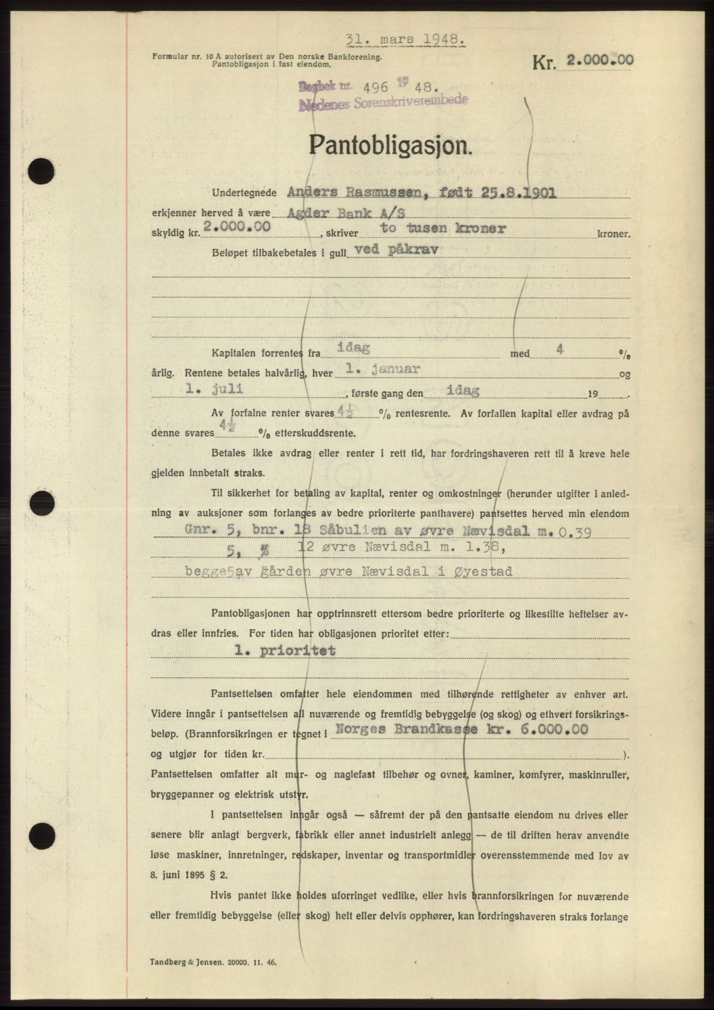 Nedenes sorenskriveri, AV/SAK-1221-0006/G/Gb/Gbb/L0005: Mortgage book no. B5, 1948-1948, Diary no: : 496/1948