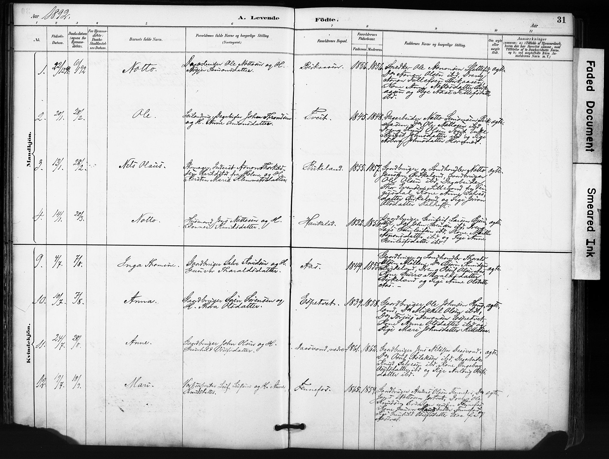 Evje sokneprestkontor, AV/SAK-1111-0008/F/Fa/Fab/L0003: Parish register (official) no. A 3, 1884-1909, p. 31