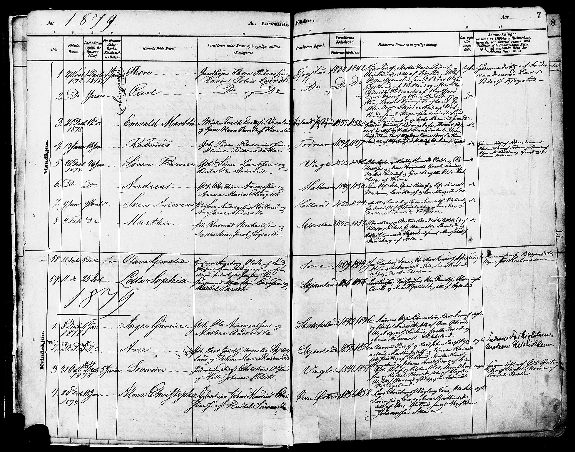 Høyland sokneprestkontor, SAST/A-101799/001/30BA/L0011: Parish register (official) no. A 10, 1878-1888, p. 7