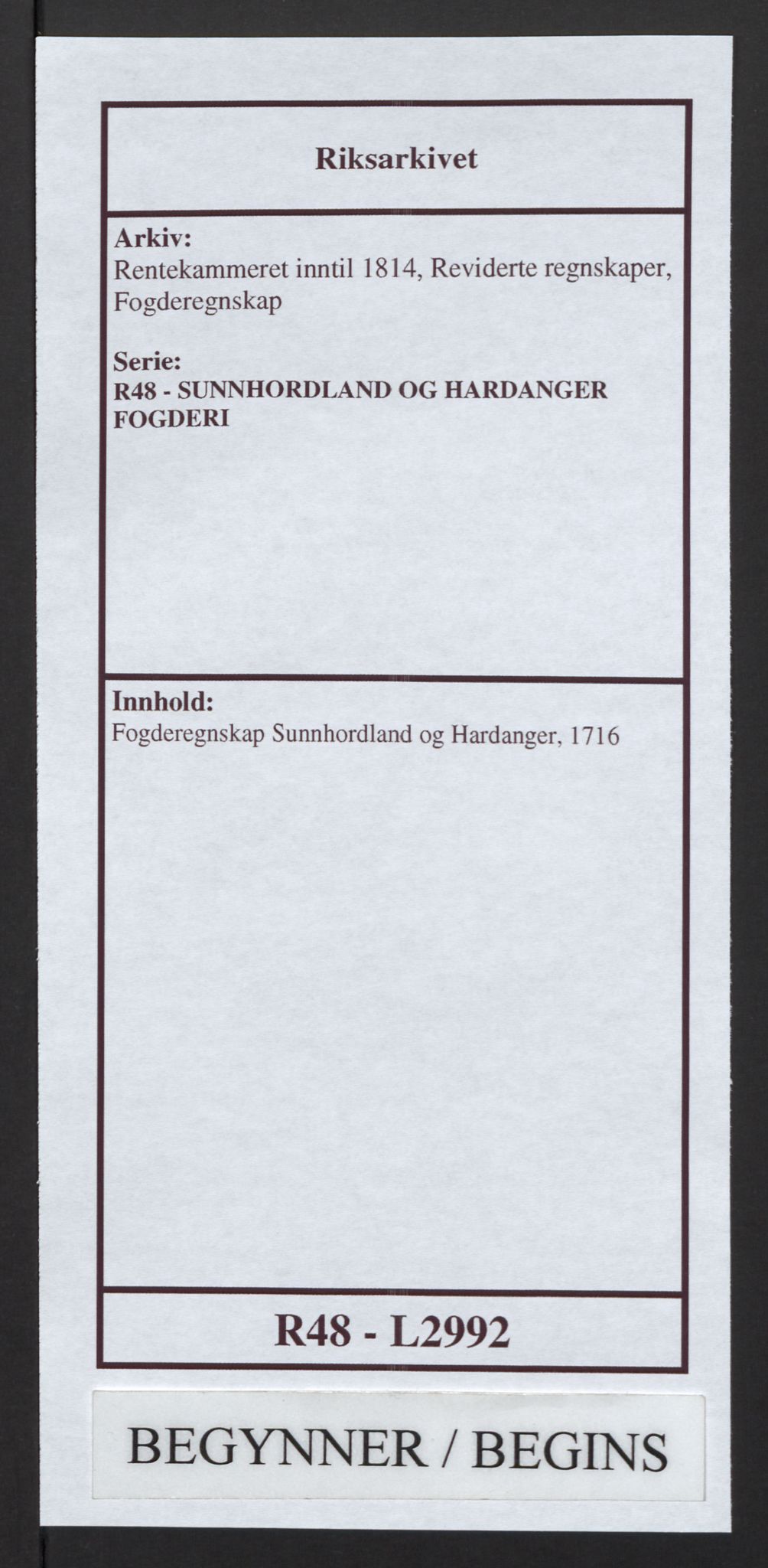 Rentekammeret inntil 1814, Reviderte regnskaper, Fogderegnskap, AV/RA-EA-4092/R48/L2992: Fogderegnskap Sunnhordland og Hardanger, 1716, p. 1