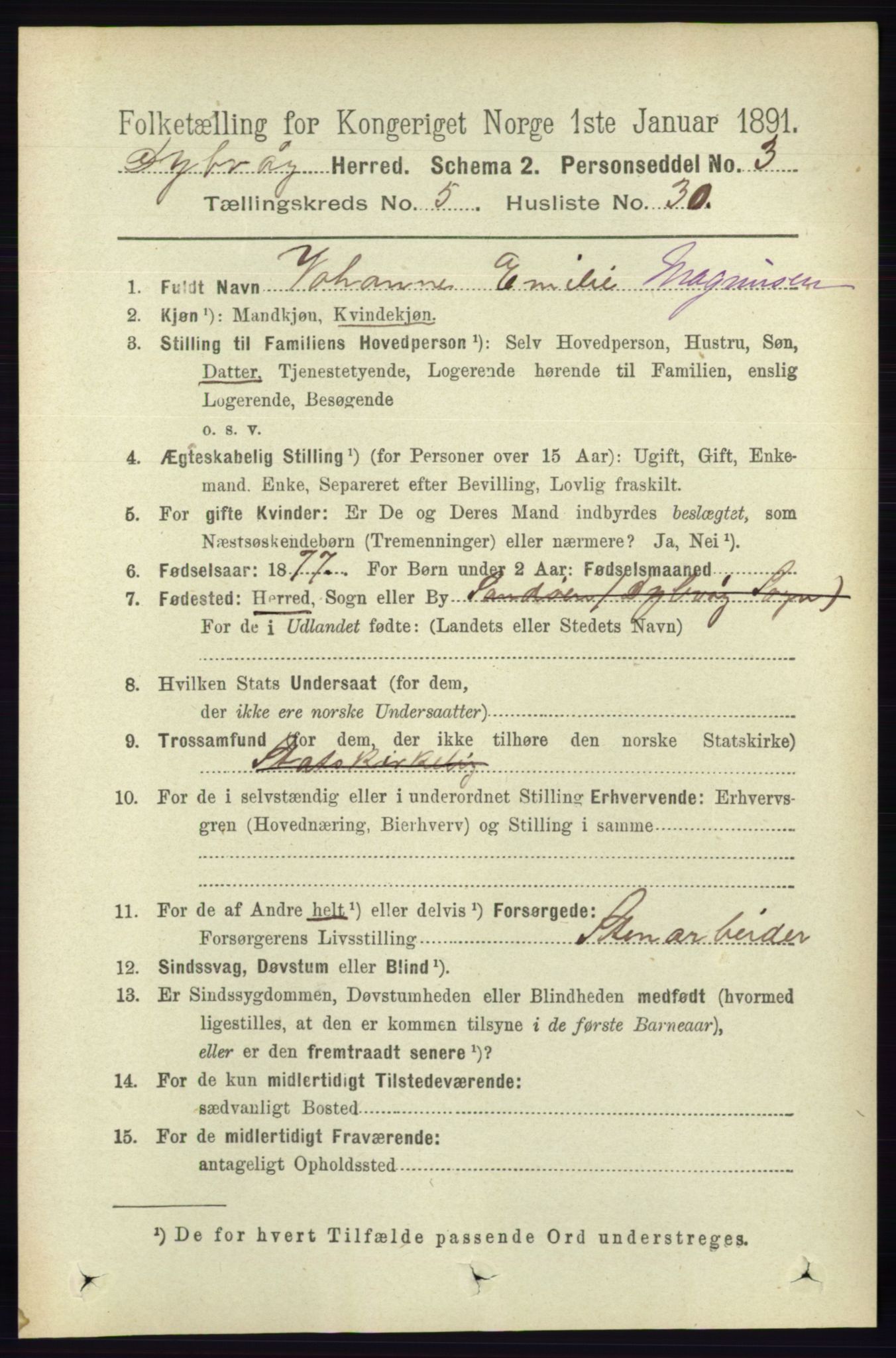 RA, 1891 census for 0915 Dypvåg, 1891, p. 1555