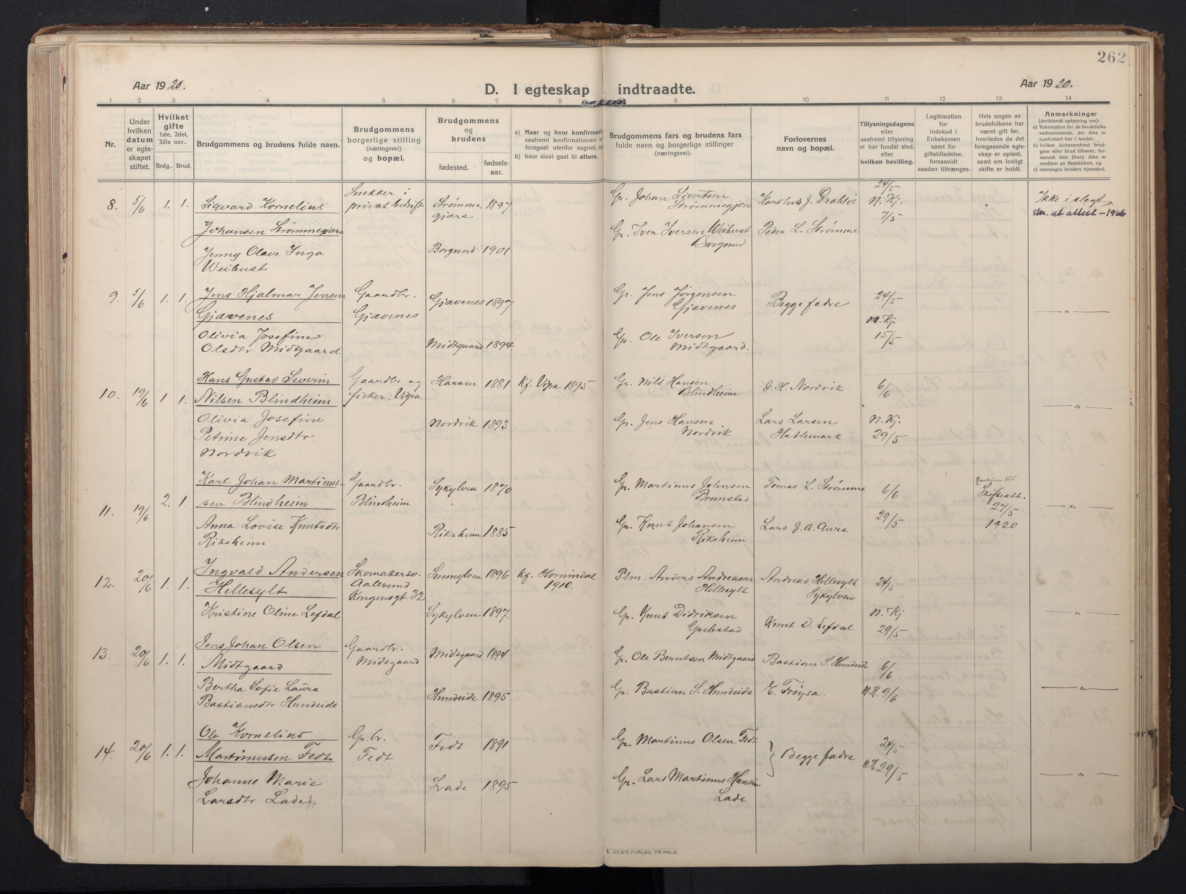 Ministerialprotokoller, klokkerbøker og fødselsregistre - Møre og Romsdal, AV/SAT-A-1454/523/L0337: Parish register (official) no. 523A04, 1911-1929, p. 262