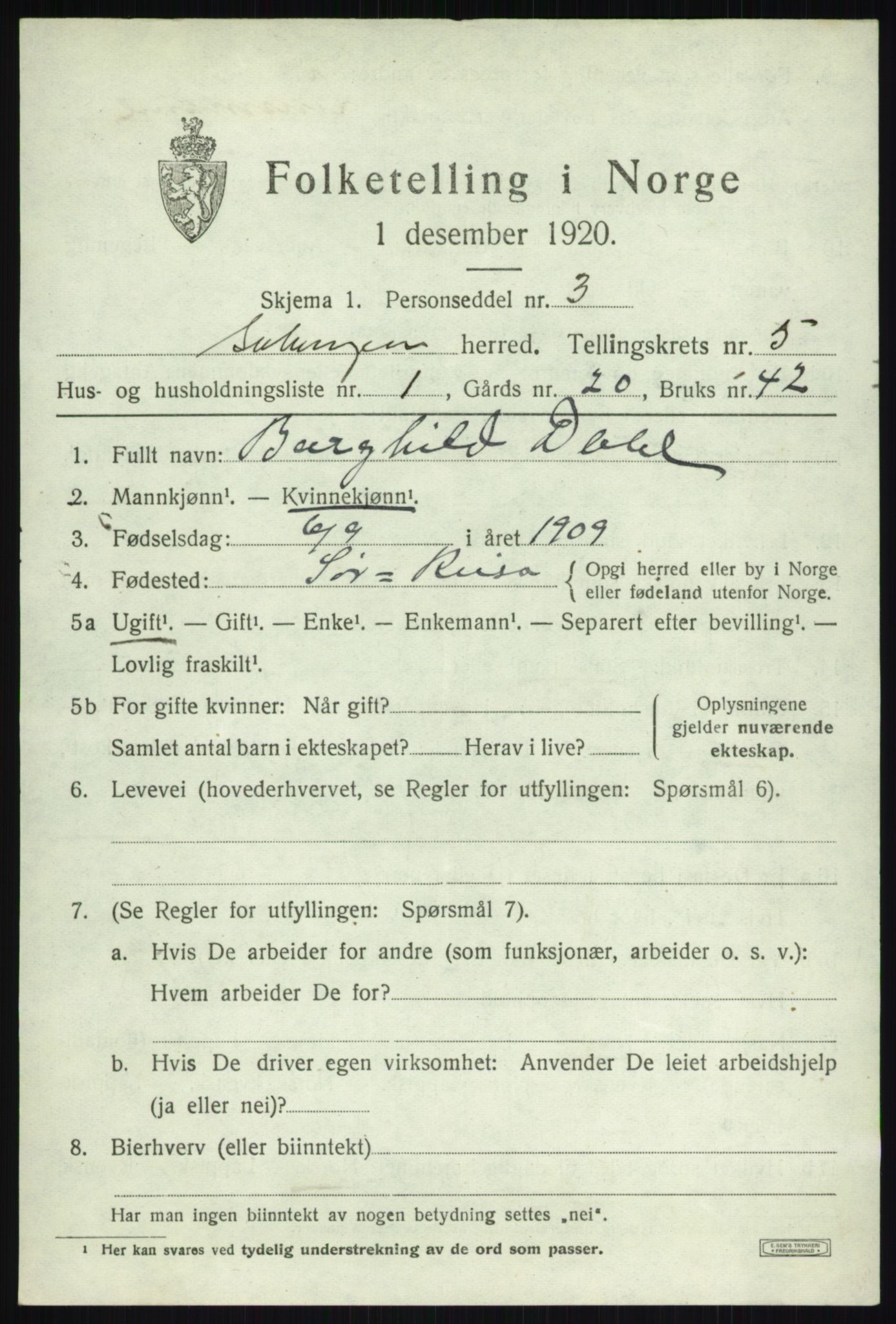 SATØ, 1920 census for Salangen, 1920, p. 3300