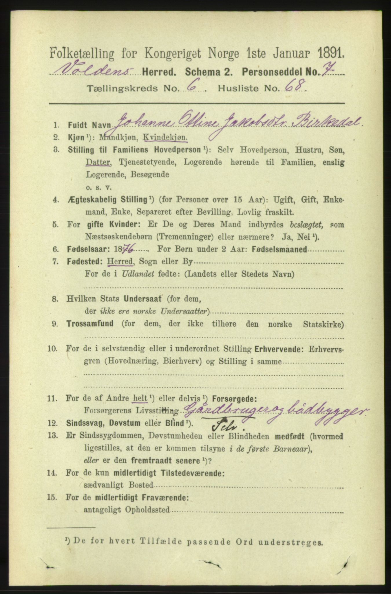 RA, 1891 census for 1519 Volda, 1891, p. 3277