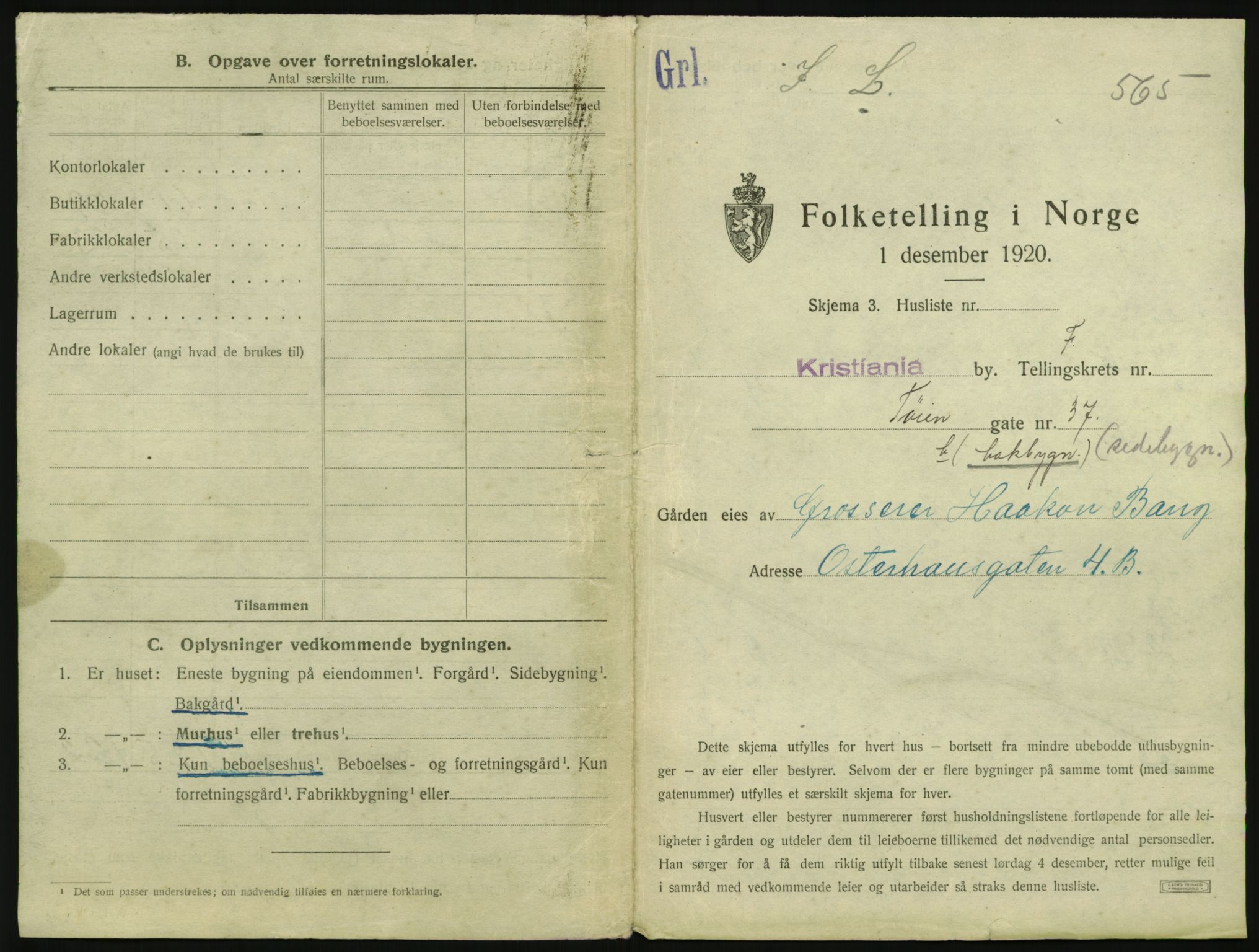 SAO, 1920 census for Kristiania, 1920, p. 120701