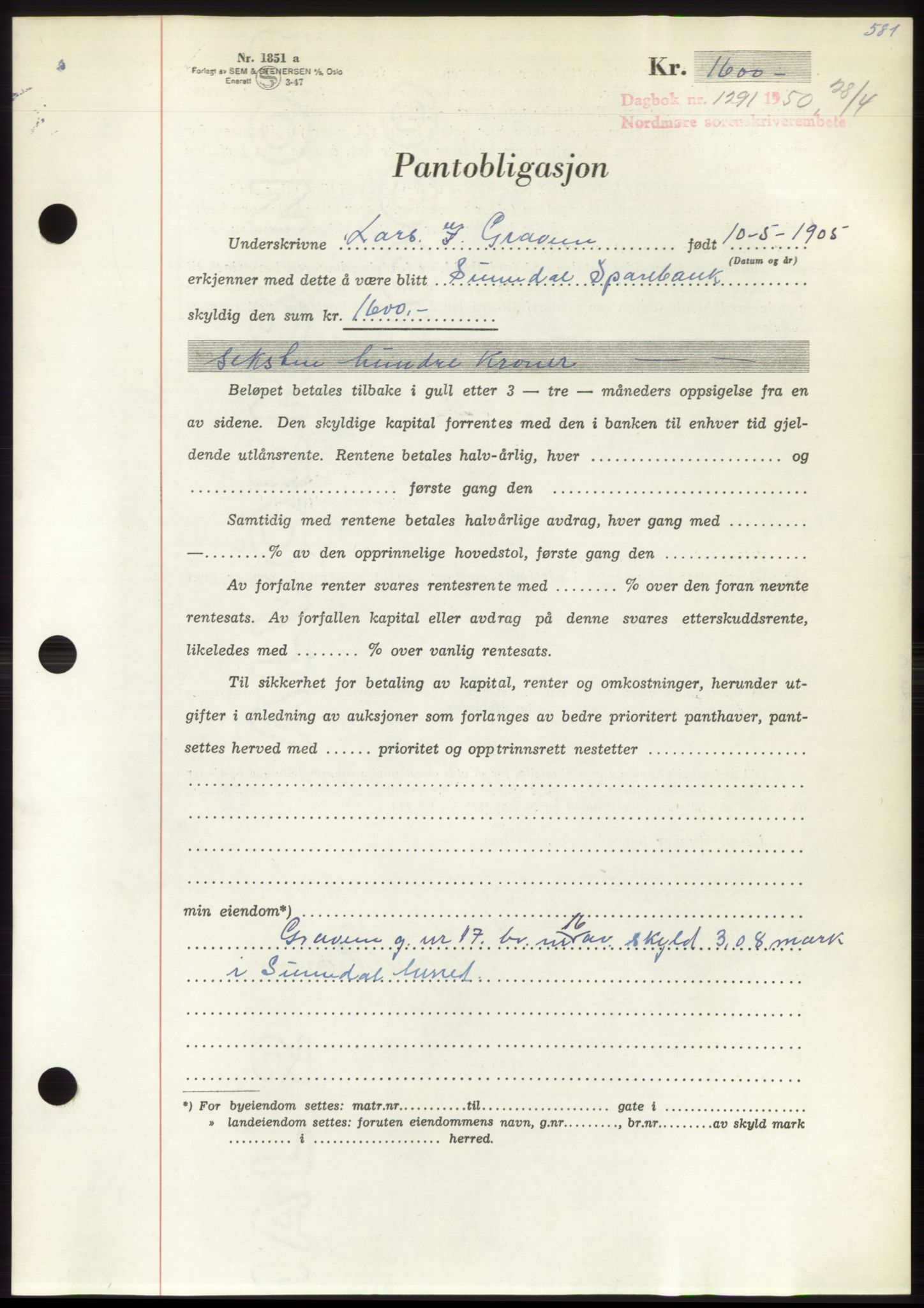 Nordmøre sorenskriveri, AV/SAT-A-4132/1/2/2Ca: Mortgage book no. B104, 1950-1950, Diary no: : 1291/1950