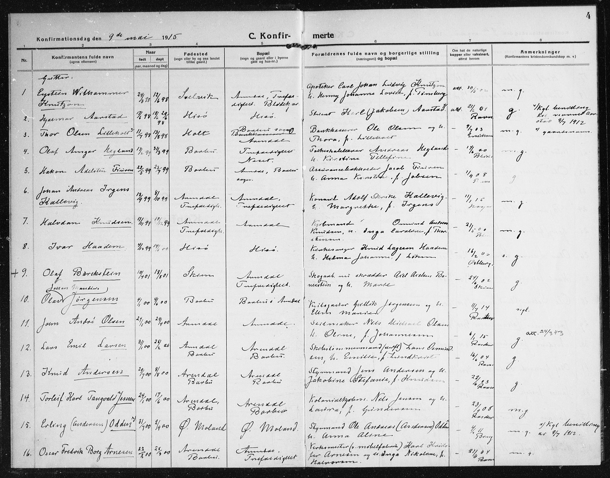 Arendal sokneprestkontor, Trefoldighet, SAK/1111-0040/F/Fa/L0011: Parish register (official) no. A 11, 1915-1919, p. 4