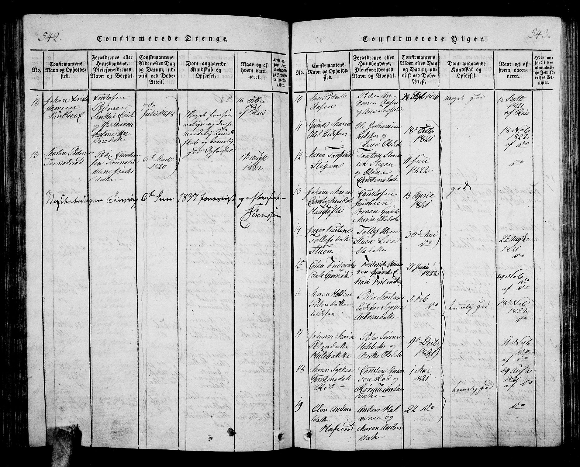 Hof kirkebøker, AV/SAKO-A-64/G/Ga/L0001: Parish register (copy) no. I 1, 1814-1844, p. 542-543