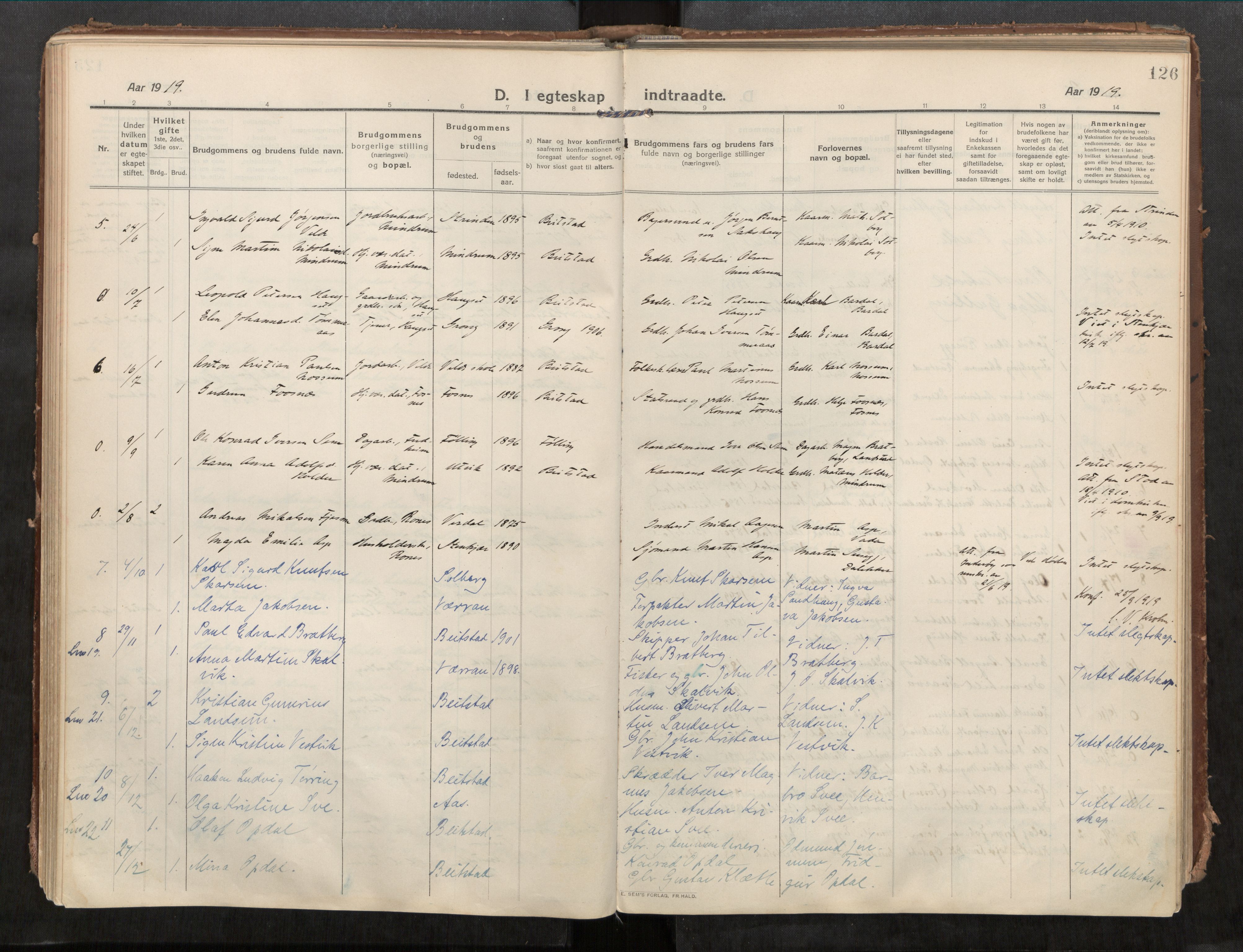 Beitstad sokneprestkontor, SAT/A-1162/I/I1/I1a/L0001: Parish register (official) no. 1, 1912-1927, p. 126