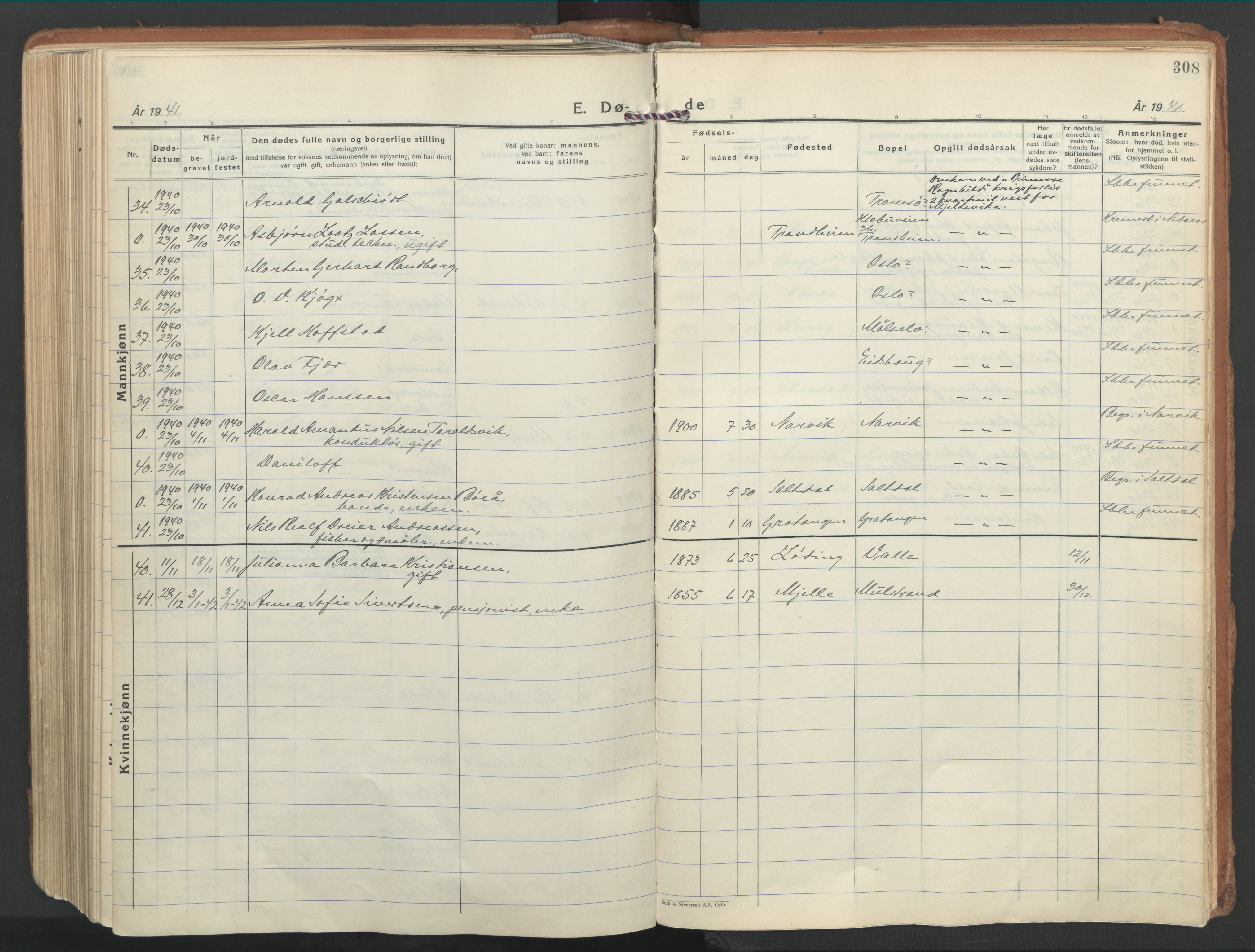 Ministerialprotokoller, klokkerbøker og fødselsregistre - Nordland, AV/SAT-A-1459/802/L0061: Parish register (official) no. 802A08, 1933-1946, p. 308