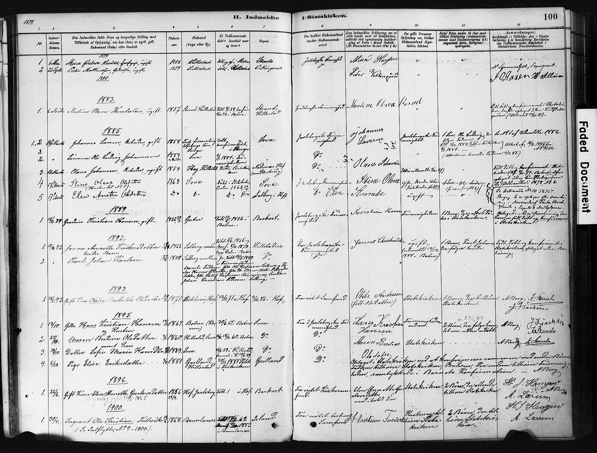 Botne kirkebøker, SAKO/A-340/F/Fb/L0001: Parish register (official) no. II 1, 1878-1902, p. 100