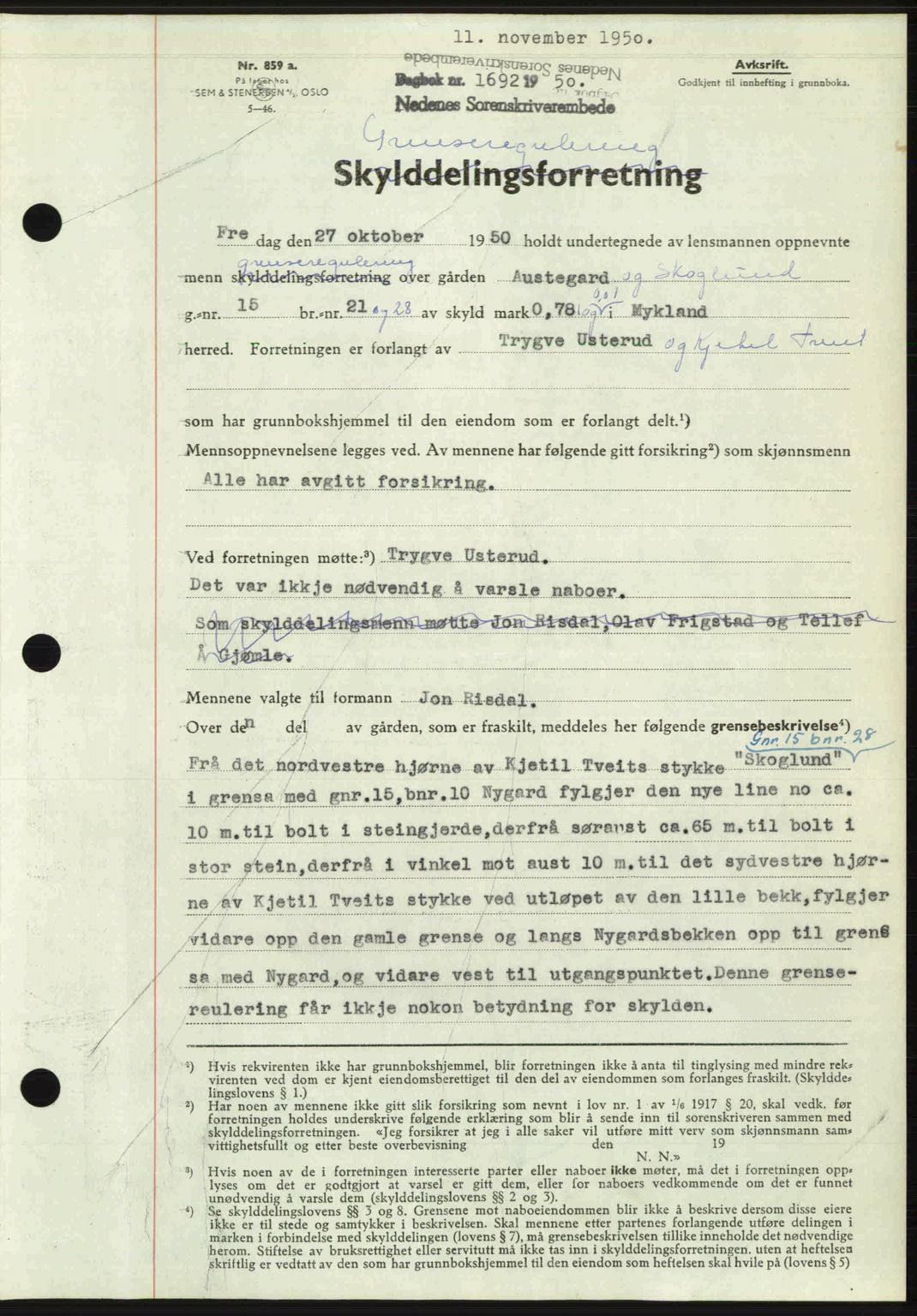Nedenes sorenskriveri, SAK/1221-0006/G/Gb/Gba/L0063: Mortgage book no. A15, 1950-1950, Diary no: : 1692/1950