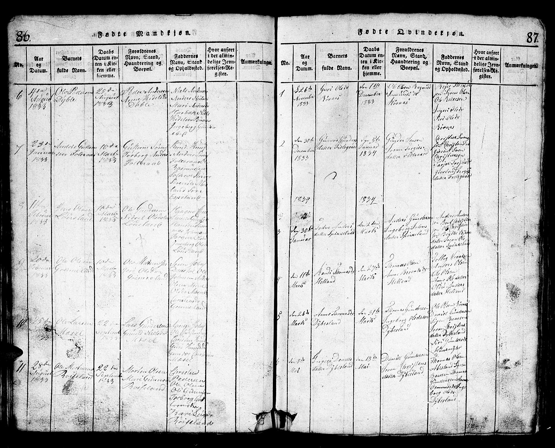 Bjelland sokneprestkontor, SAK/1111-0005/F/Fb/Fbb/L0003: Parish register (copy) no. B 3, 1816-1868, p. 86-87