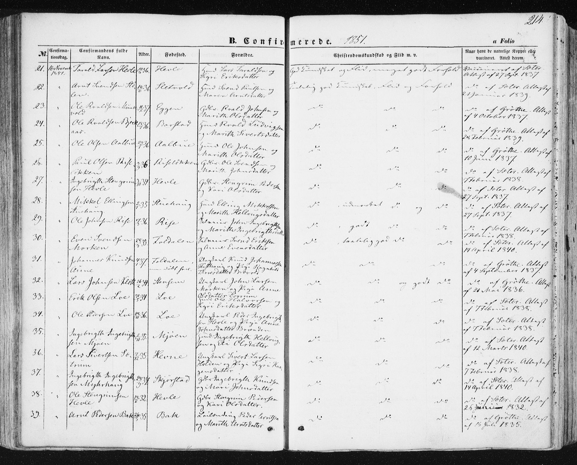 Ministerialprotokoller, klokkerbøker og fødselsregistre - Sør-Trøndelag, SAT/A-1456/678/L0899: Parish register (official) no. 678A08, 1848-1872, p. 214