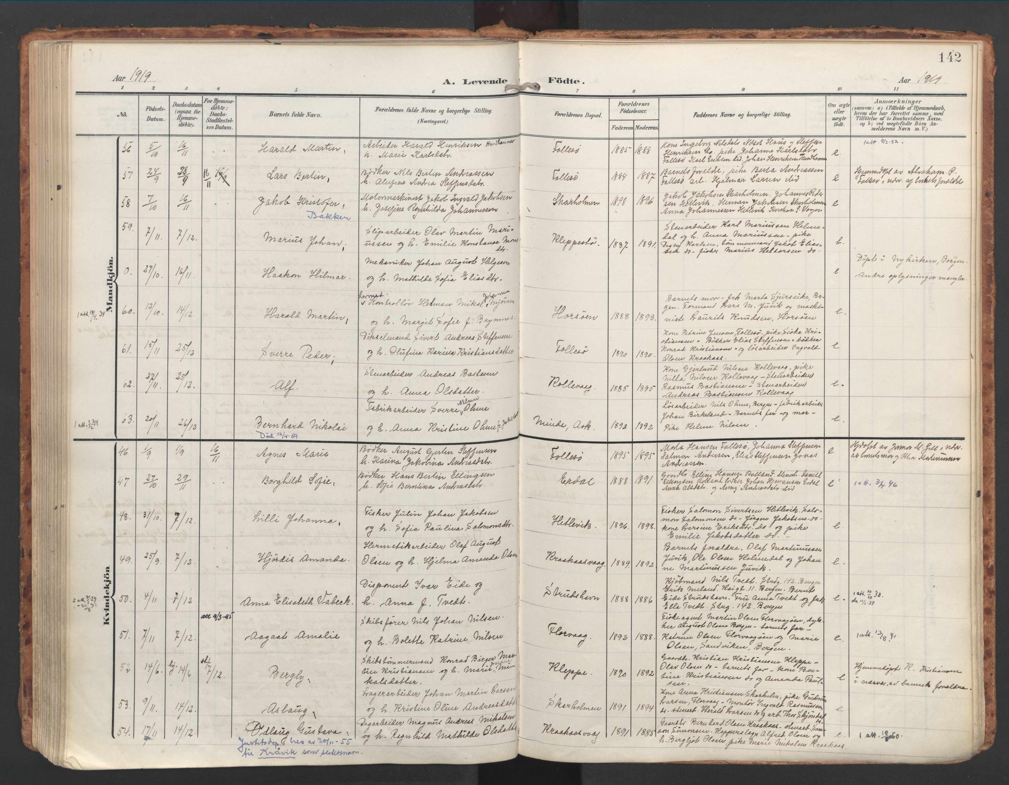 Askøy Sokneprestembete, AV/SAB-A-74101/H/Ha/Haa/Haac/L0002: Parish register (official) no. C 2, 1905-1922, p. 142