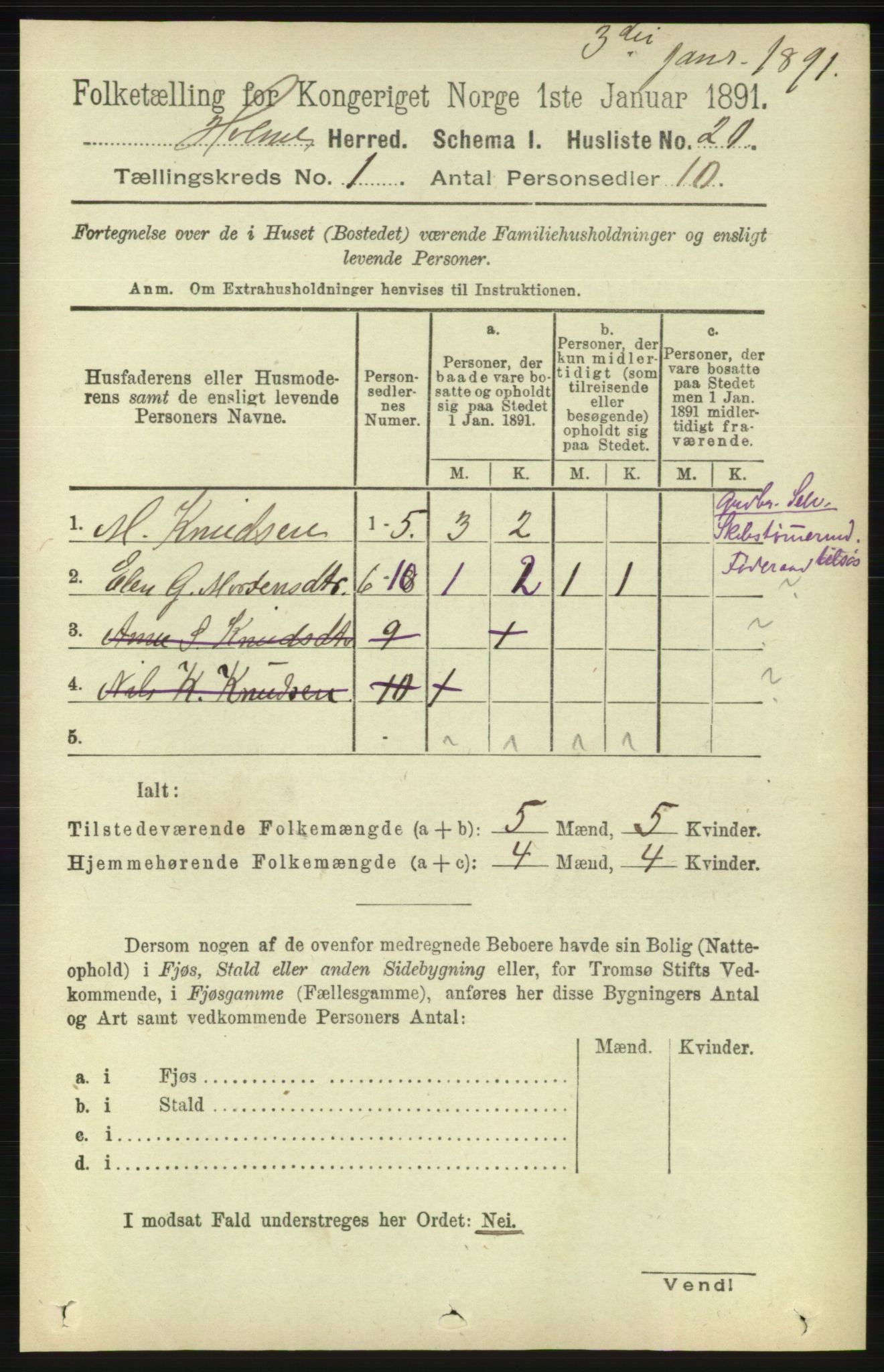 RA, 1891 census for 1020 Holum, 1891, p. 40