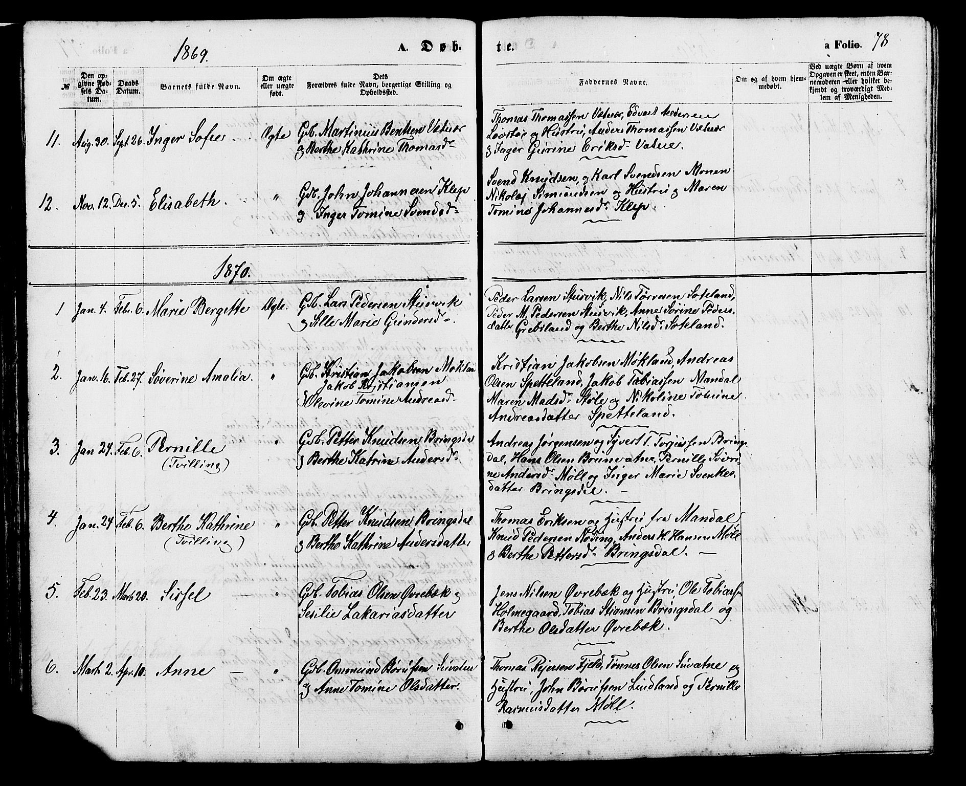 Holum sokneprestkontor, SAK/1111-0022/F/Fb/Fba/L0004: Parish register (copy) no. B 4, 1867-1890, p. 78