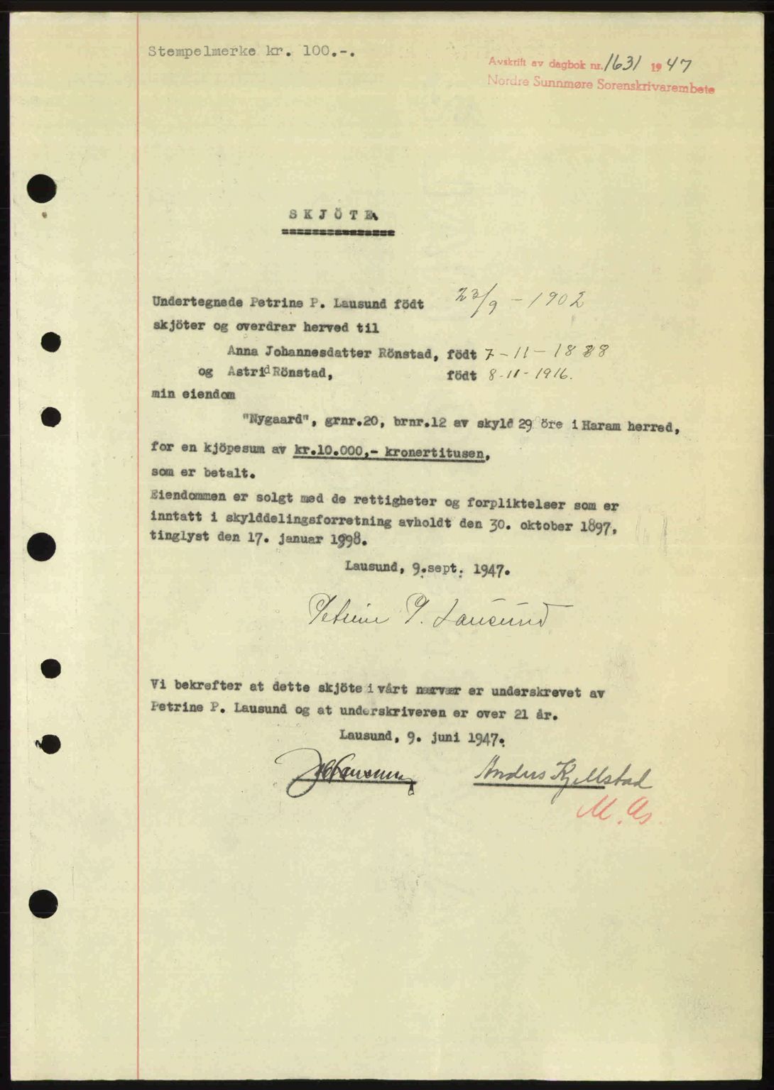 Nordre Sunnmøre sorenskriveri, AV/SAT-A-0006/1/2/2C/2Ca: Mortgage book no. A25, 1947-1947, Diary no: : 1631/1947