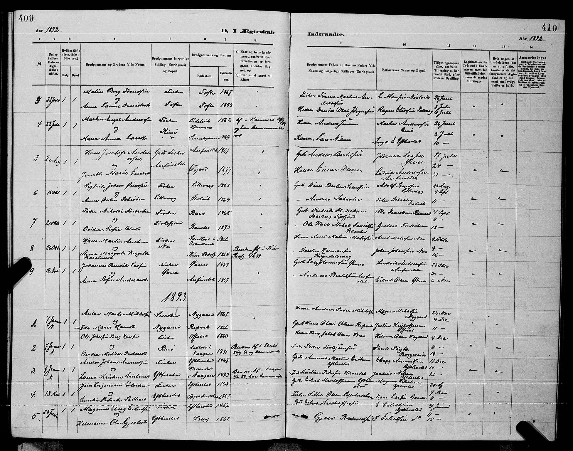 Ministerialprotokoller, klokkerbøker og fødselsregistre - Nordland, AV/SAT-A-1459/872/L1047: Parish register (copy) no. 872C03, 1880-1897, p. 409-410