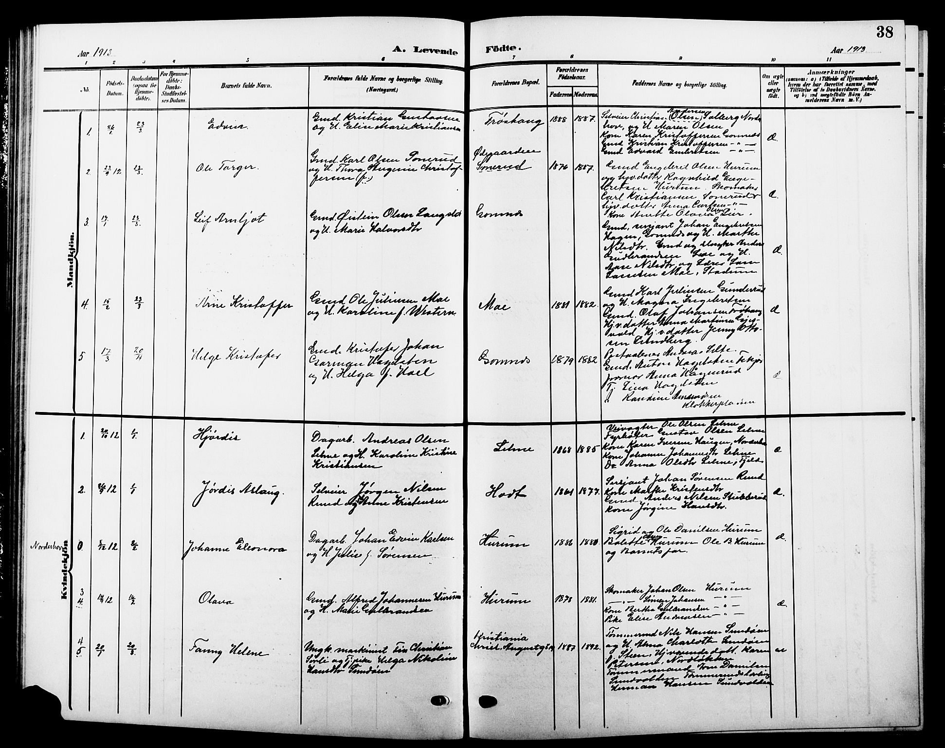 Hole kirkebøker, SAKO/A-228/G/Ga/L0004: Parish register (copy) no. I 4, 1905-1924, p. 38