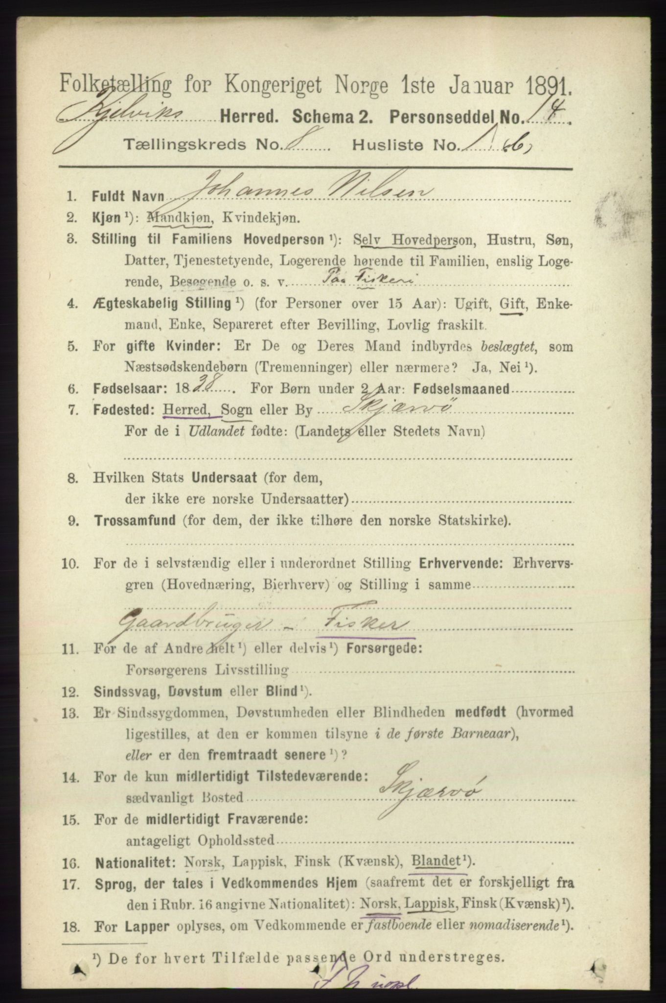 RA, 1891 census for 2019 Kjelvik, 1891, p. 1188