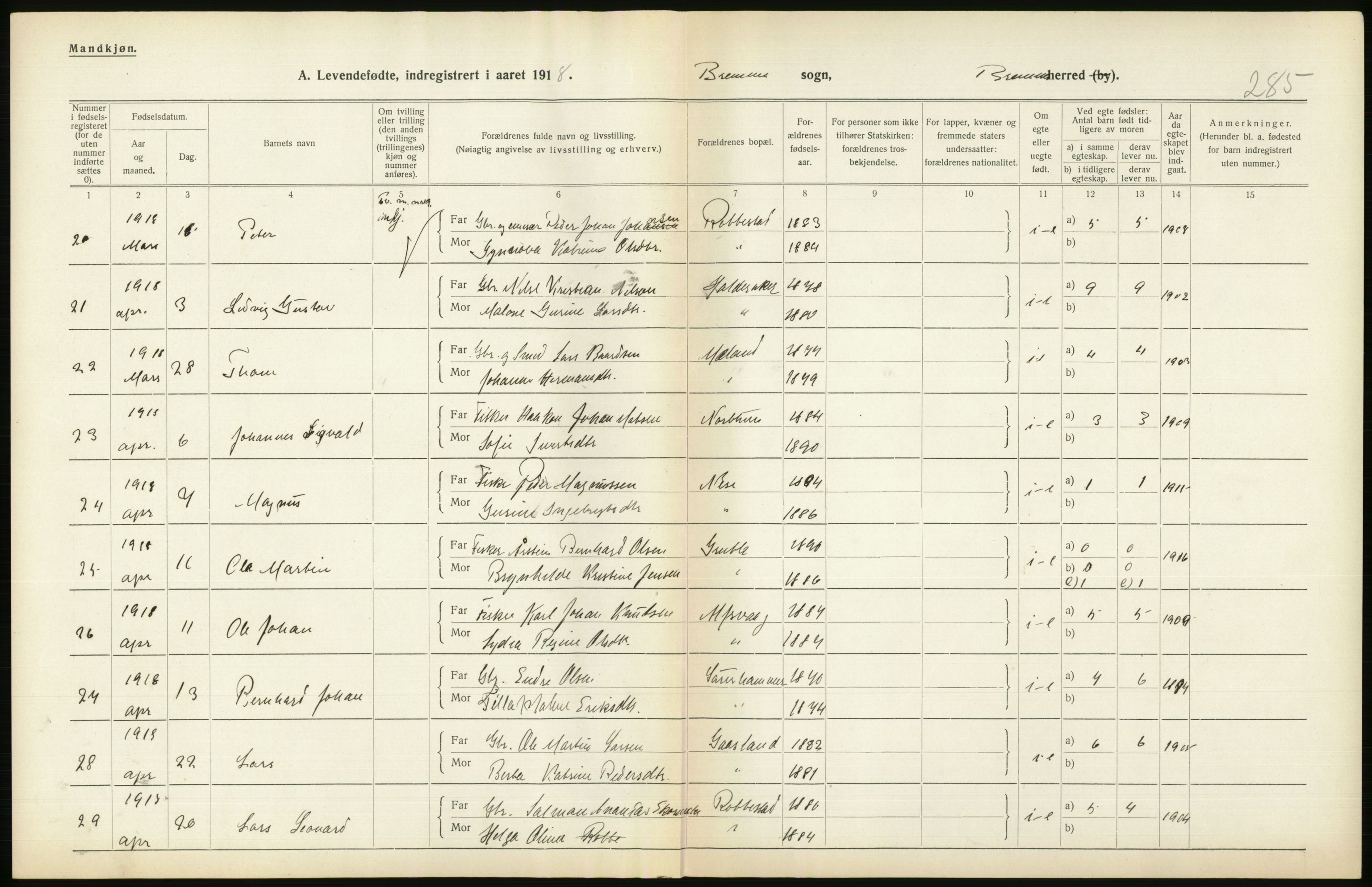 Statistisk sentralbyrå, Sosiodemografiske emner, Befolkning, RA/S-2228/D/Df/Dfb/Dfbh/L0034: Hordaland fylke: Levendefødte menn og kvinner. Bygder., 1918, p. 440