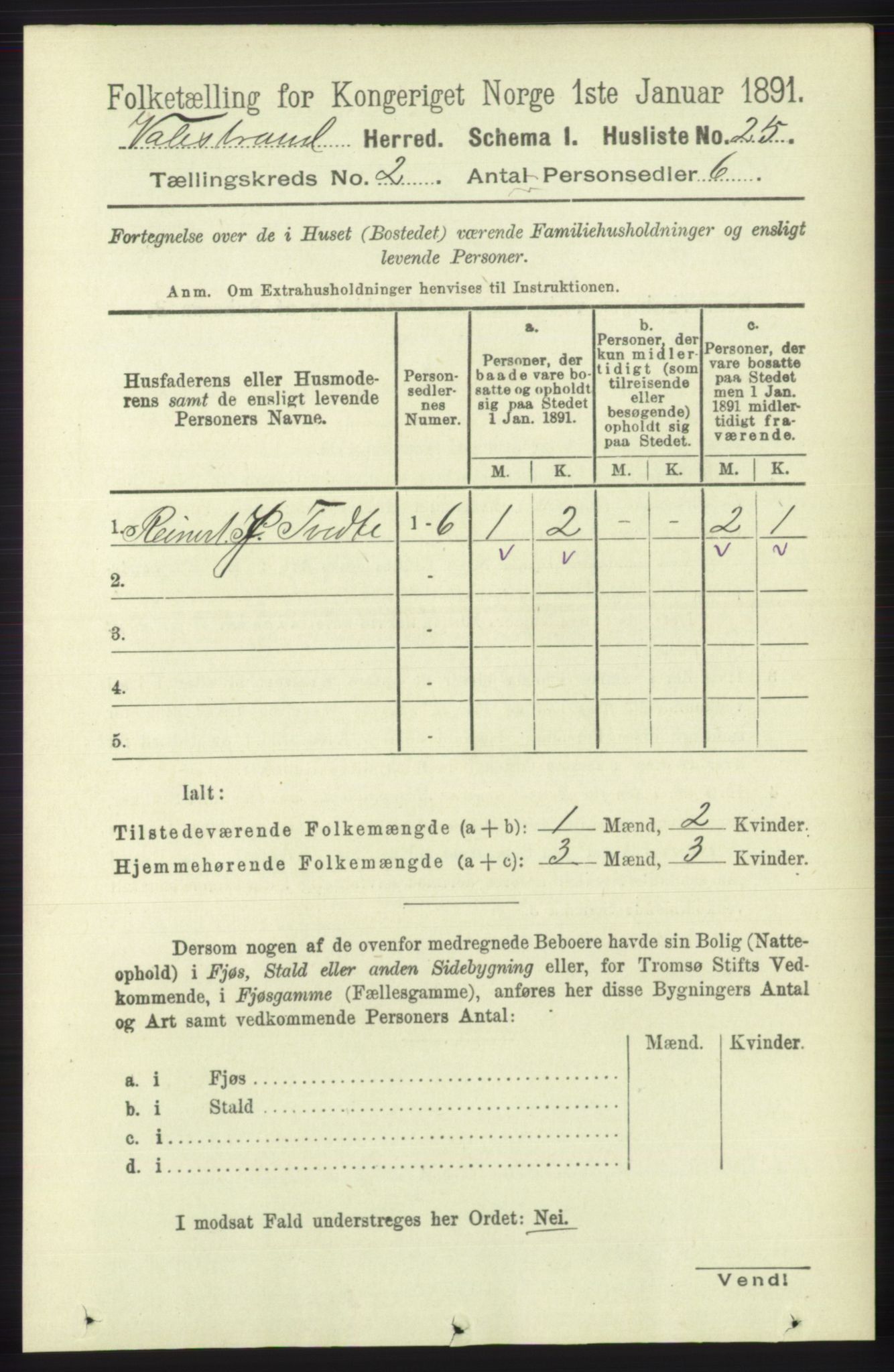 RA, 1891 census for 1217 Valestrand, 1891, p. 284