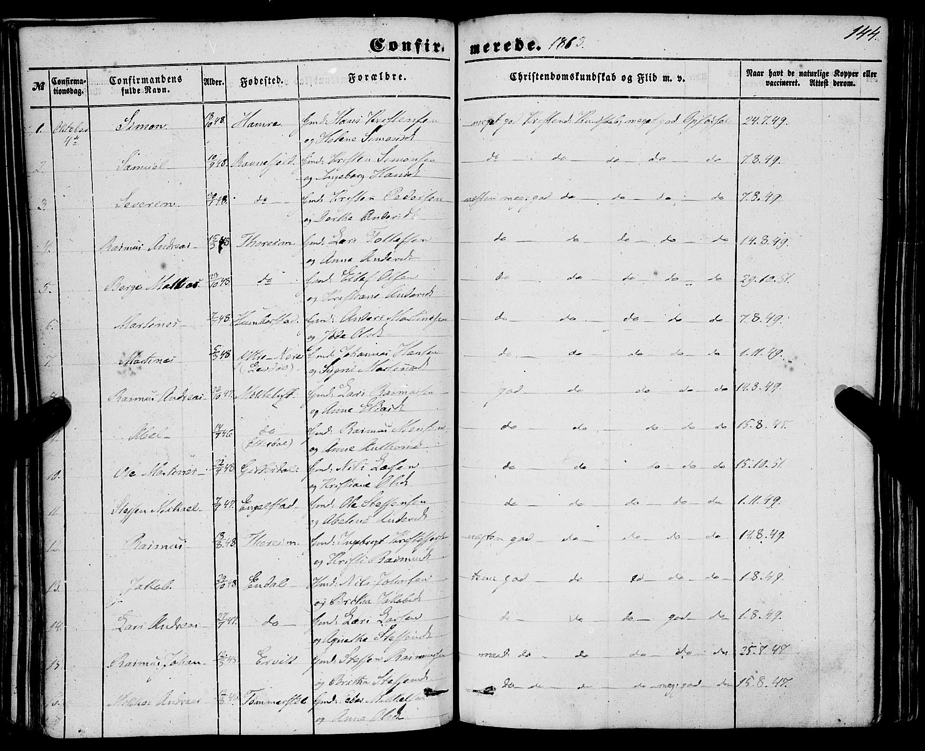 Davik sokneprestembete, AV/SAB-A-79701/H/Haa/Haaa/L0005: Parish register (official) no. A 5, 1850-1866, p. 144