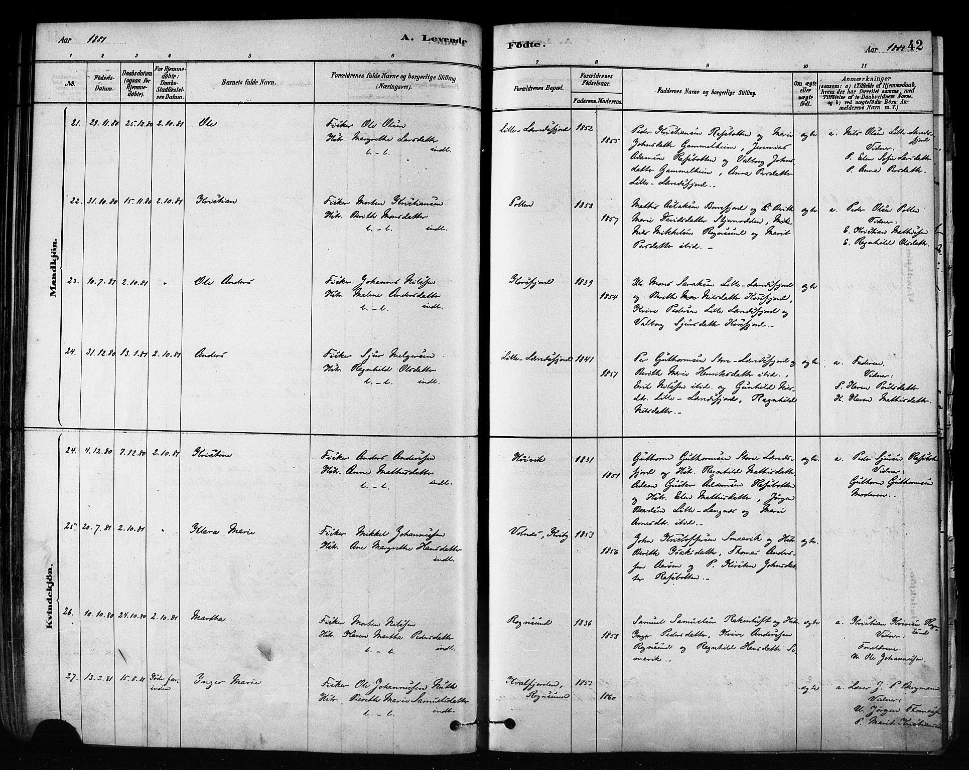 Talvik sokneprestkontor, AV/SATØ-S-1337/H/Ha/L0012kirke: Parish register (official) no. 12, 1878-1886, p. 42