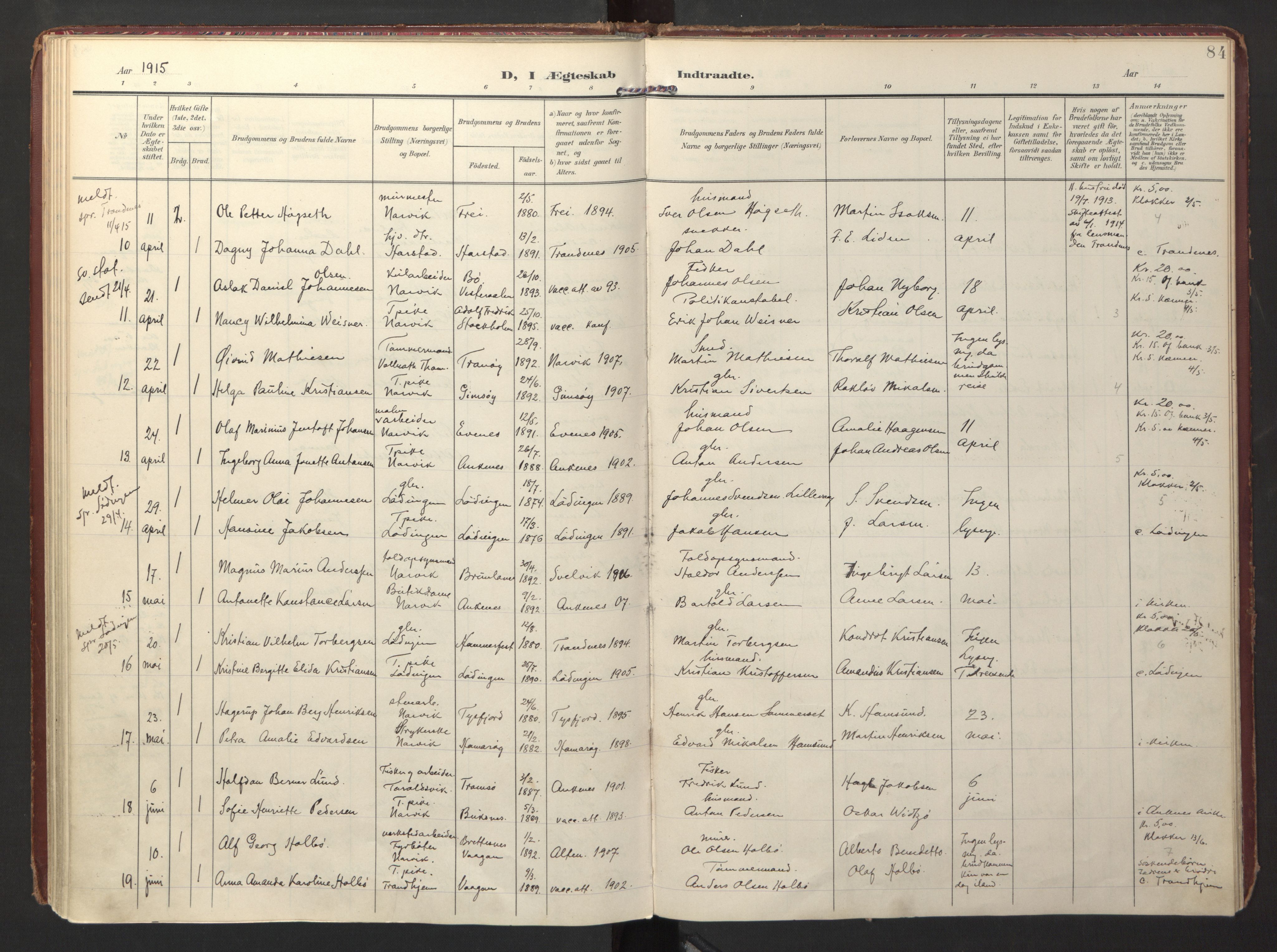 Ministerialprotokoller, klokkerbøker og fødselsregistre - Nordland, AV/SAT-A-1459/871/L0999: Parish register (official) no. 871A15, 1902-1917, p. 84