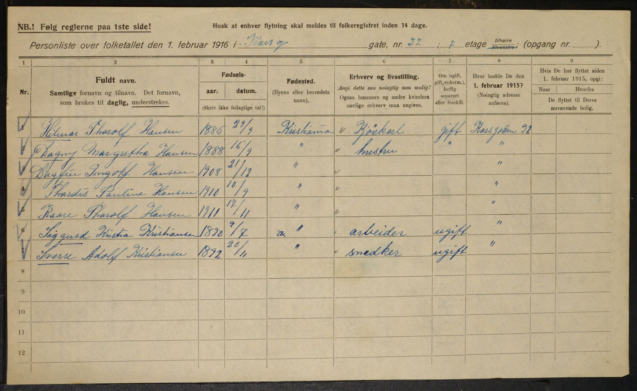 OBA, Municipal Census 1916 for Kristiania, 1916, p. 55047