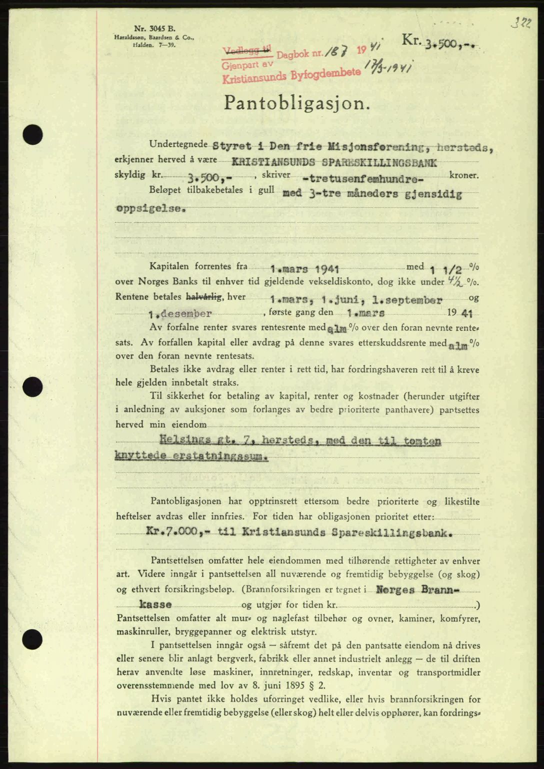 Kristiansund byfogd, AV/SAT-A-4587/A/27: Mortgage book no. 33, 1939-1941, Diary no: : 187/1941