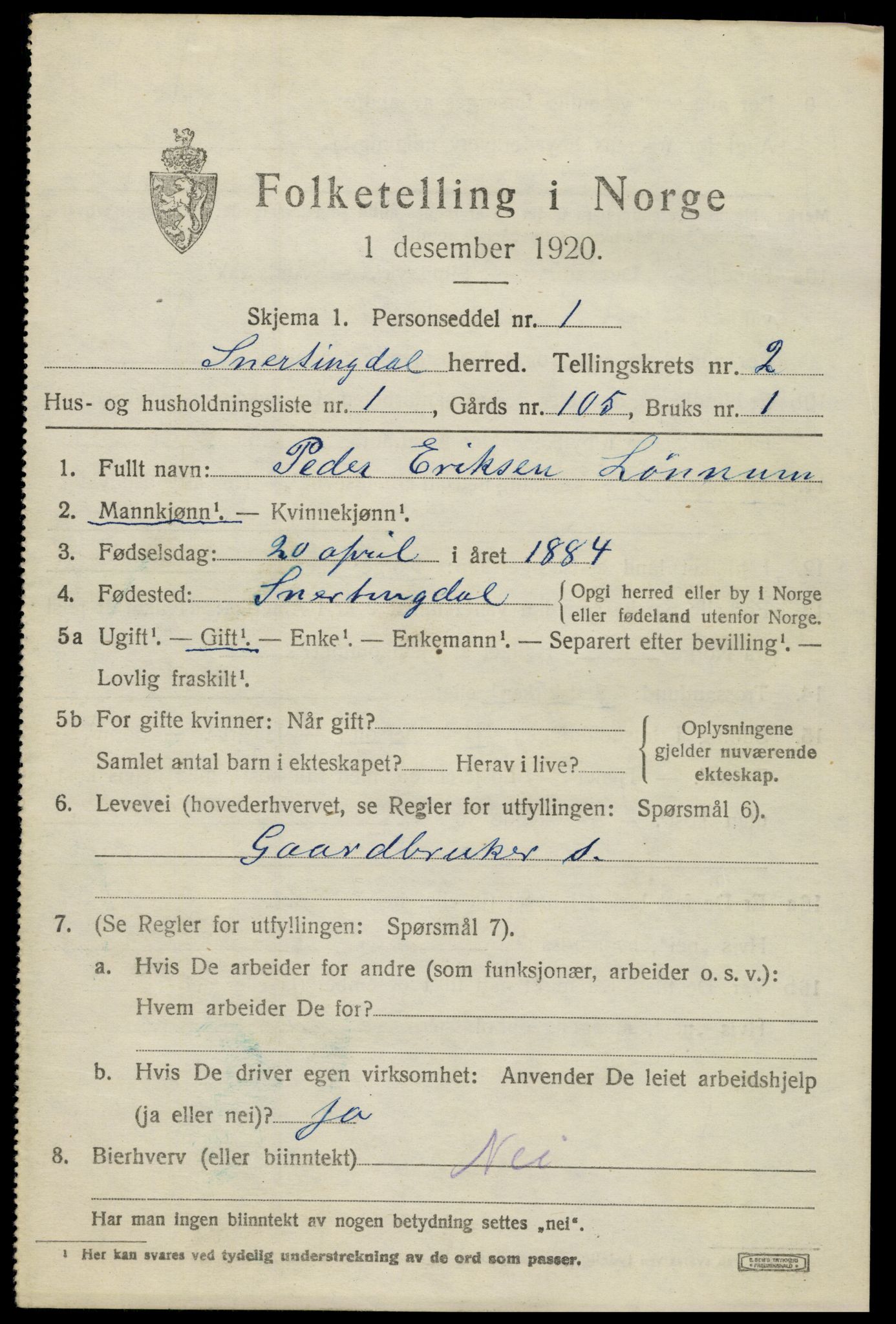 SAH, 1920 census for Snertingdal, 1920, p. 1359