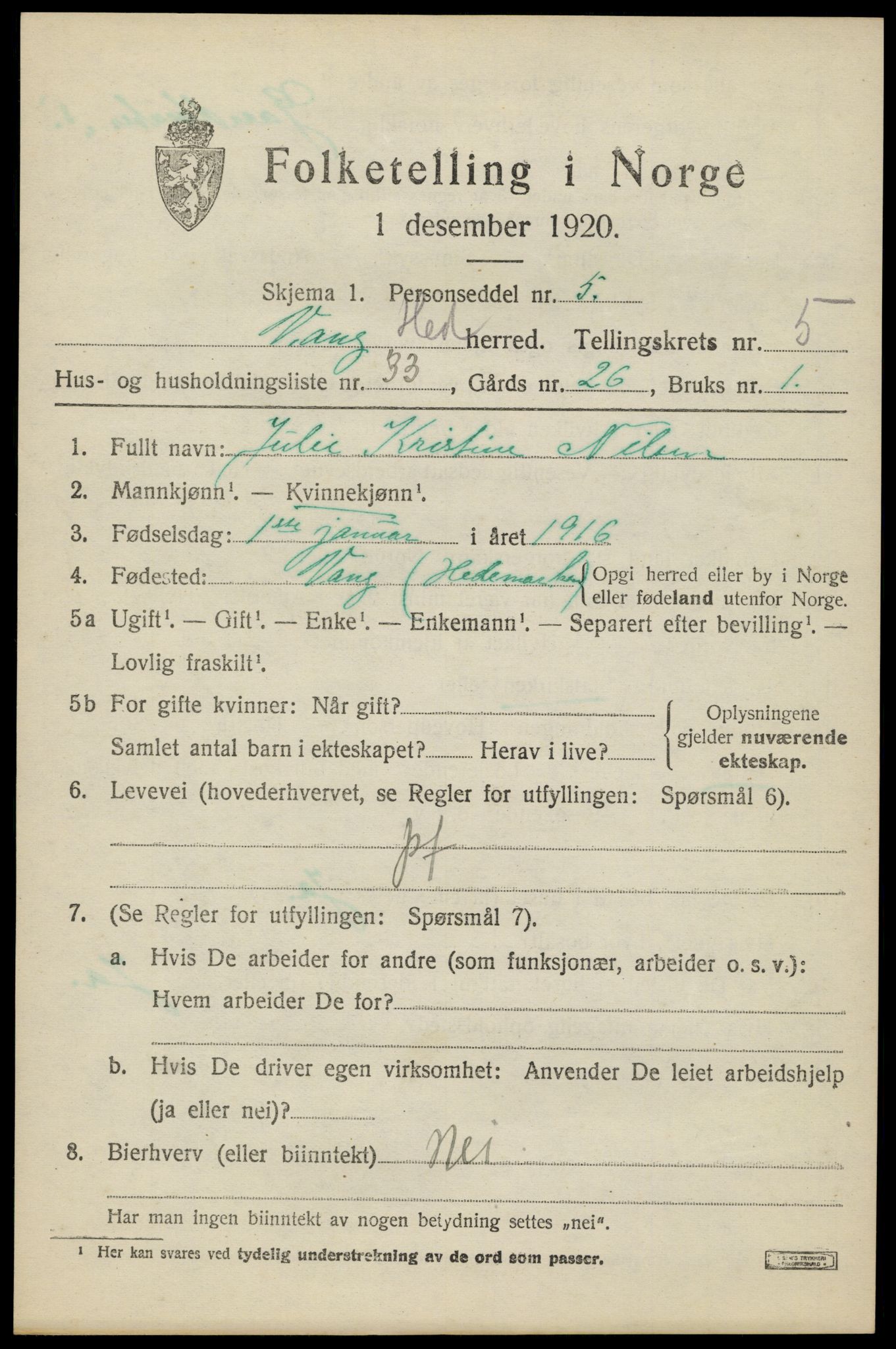 SAH, 1920 census for Vang (Hedmark), 1920, p. 14151