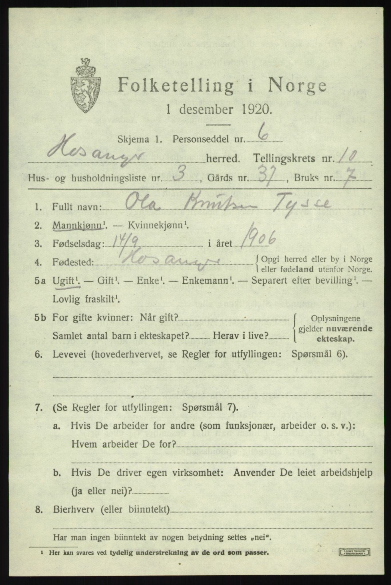 SAB, 1920 census for Hosanger, 1920, p. 4243