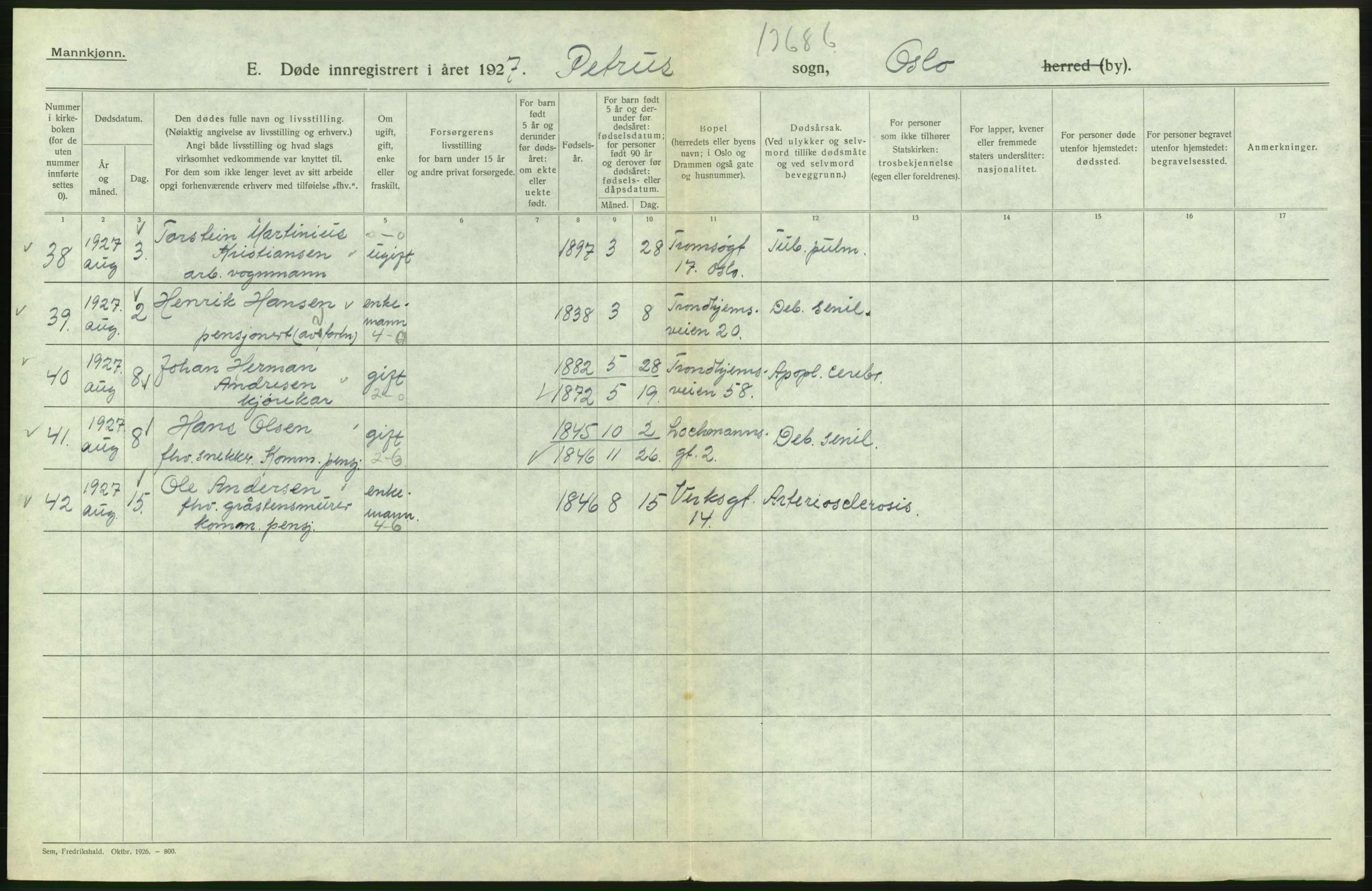 Statistisk sentralbyrå, Sosiodemografiske emner, Befolkning, AV/RA-S-2228/D/Df/Dfc/Dfcg/L0009: Oslo: Døde menn, 1927, p. 336