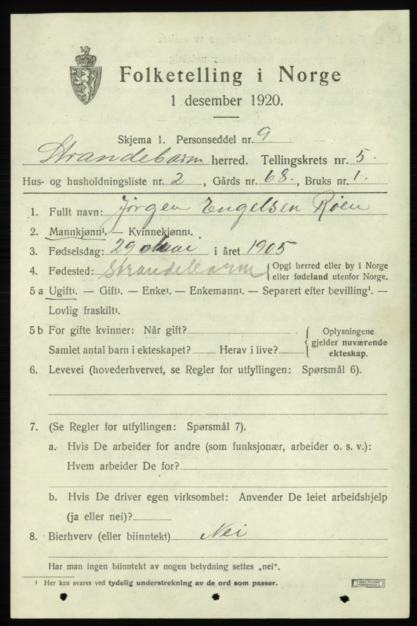 SAB, 1920 census for Strandebarm, 1920, p. 3784